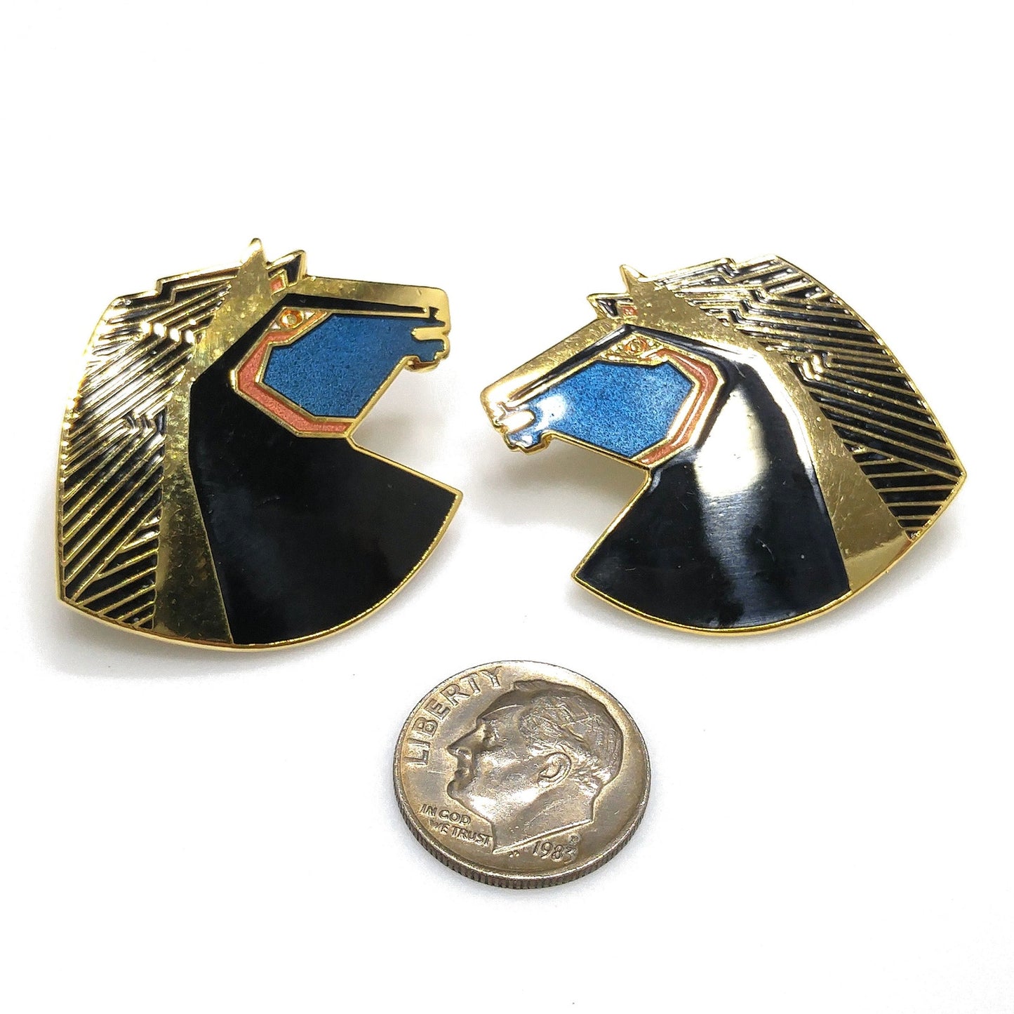 Laurel Burch "Wild Stallion" Post Earrings, Gold Plated Black Teal Enamel, 1980s Vintage Jewelry