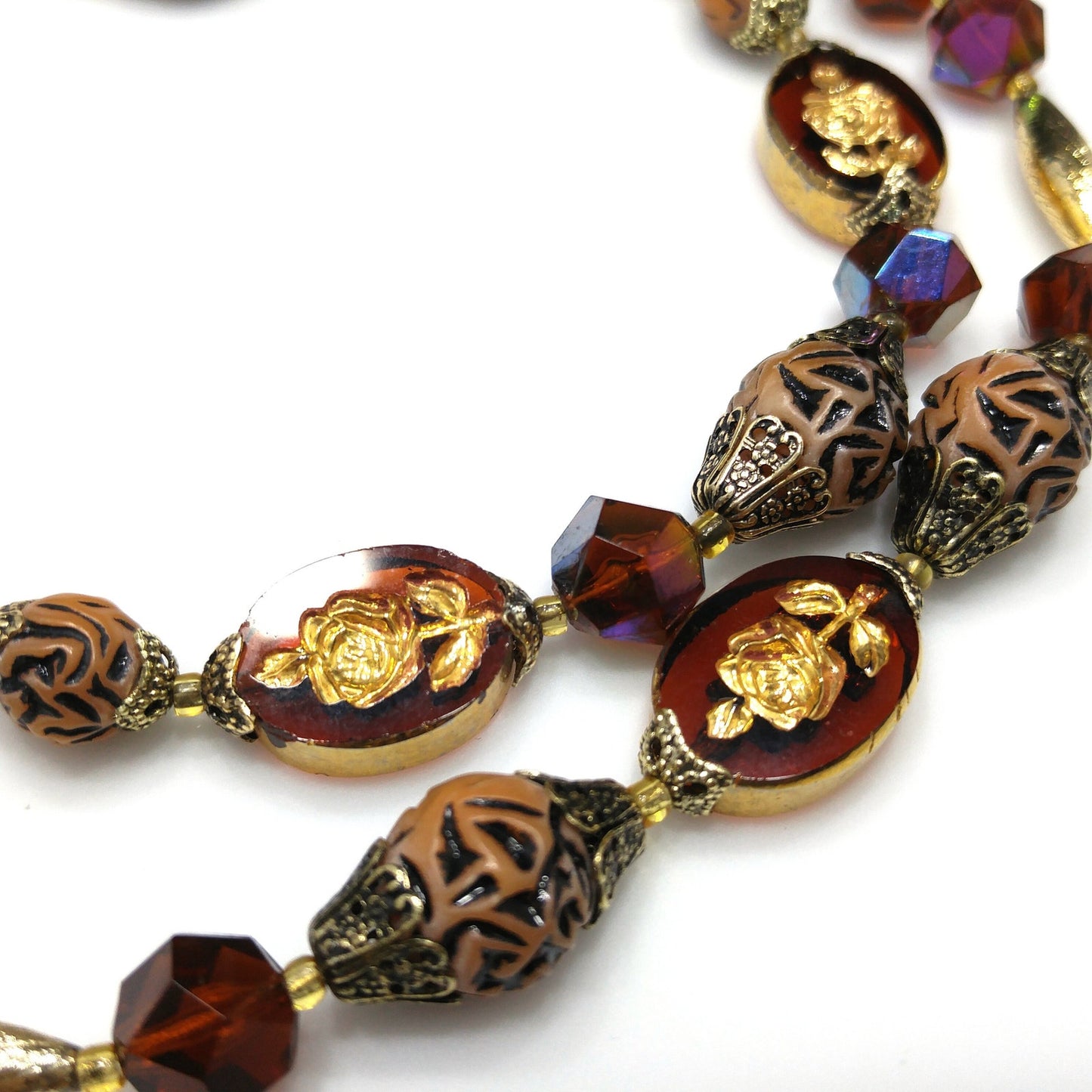 Western Germany Art Bead Floral Necklace, Two Strands, Button Box Clasp, 1950s Vintage Jewelry