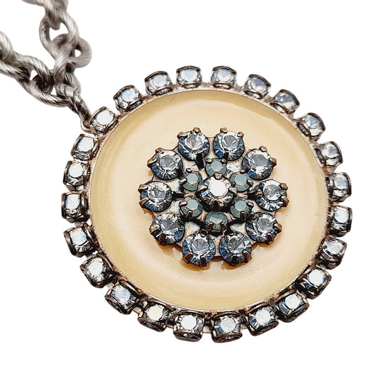 Vintage Liz Palacios Pendant Necklace – Blue Rhinestones on Cream Enamel – Gold Tone