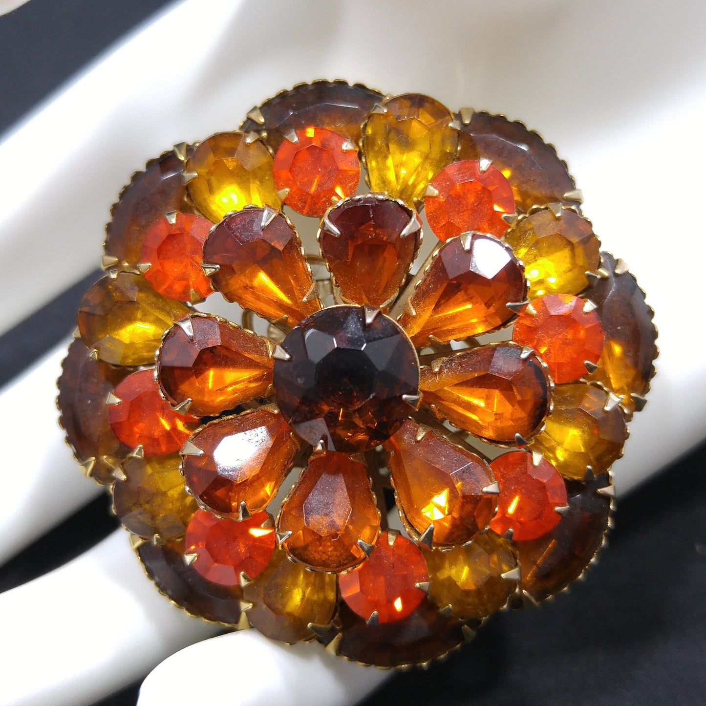 Autumn Fall Rhinestone Flower Brooch, Riveted Design, 1950s Vintage Jewelry