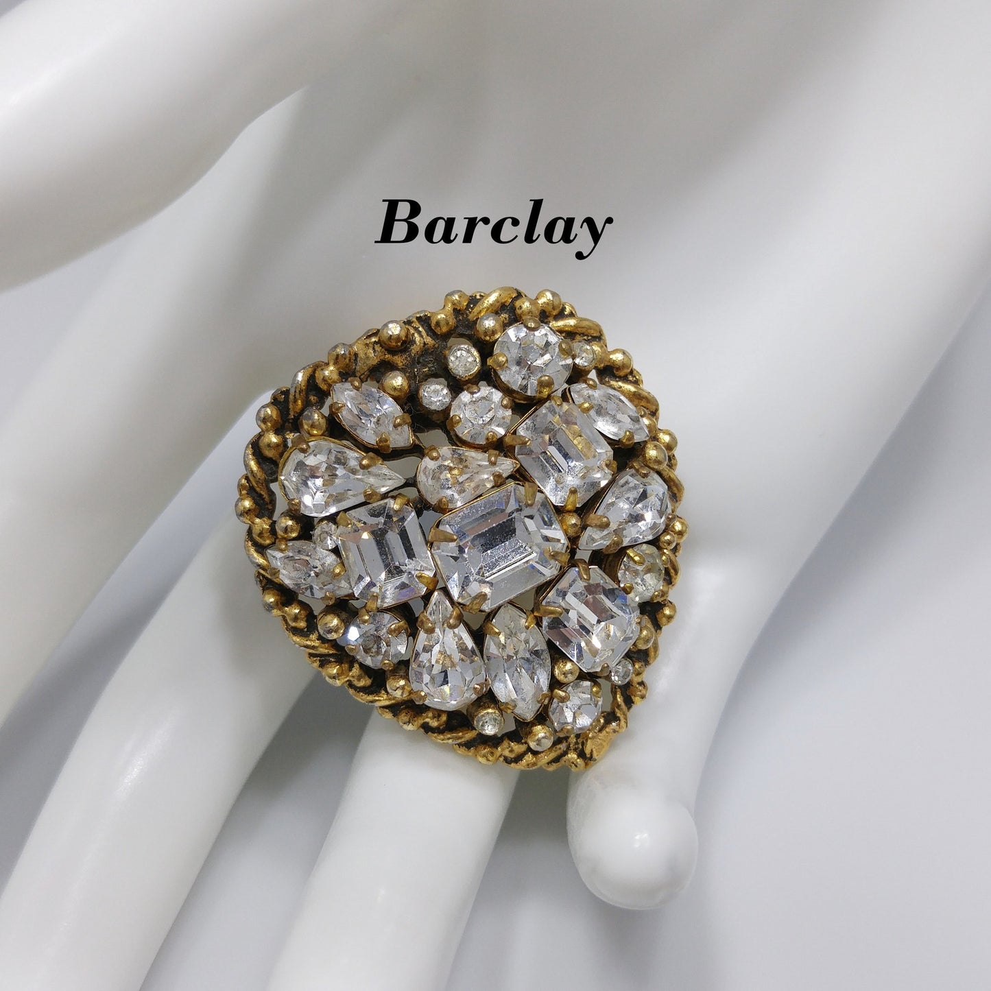 Barclay Clear Rhinestone Brooch, Gold Plated, "Jewels of India", 1950s Vintage Jewelry