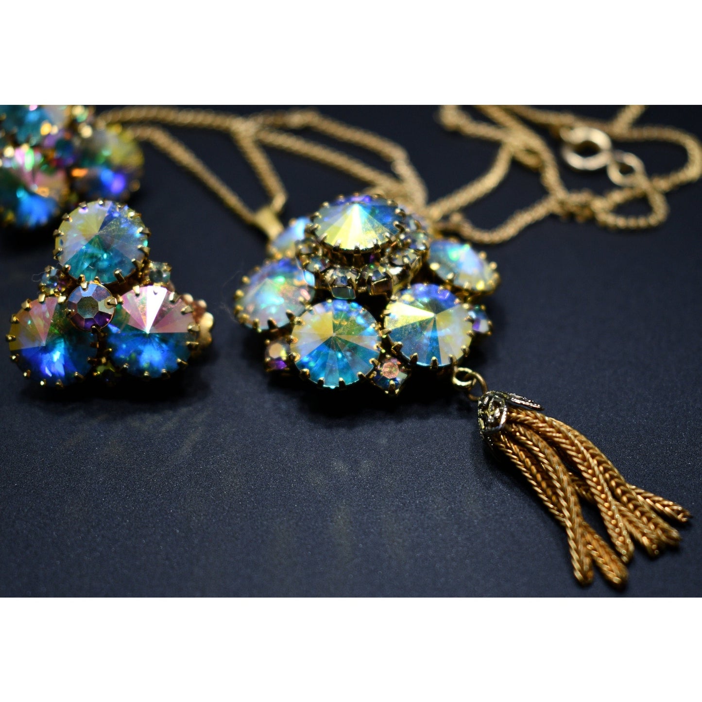 Vintage Rivoli Pendant & Earrings, Aurora Borealis Rhinestones, 1960s Vintage Jewelry
