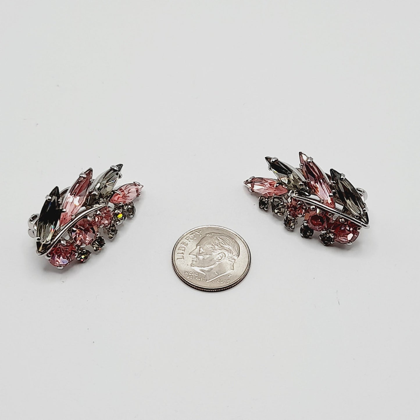 Vintage Sherman Pink Silver Floral Spray Rhodium Plated Clip Earrings