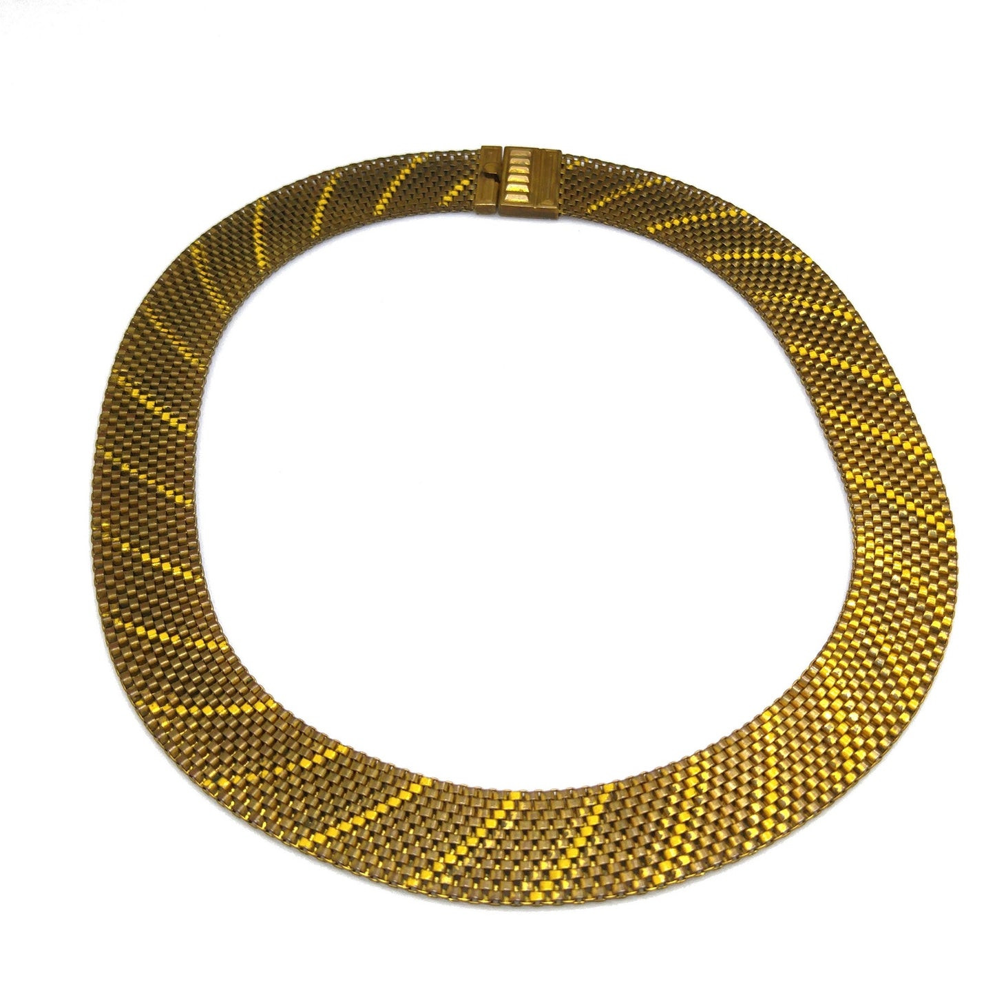 Art Deco Brass Mesh Necklace, Yellow Enamel, 1930s Vintage Jewelry