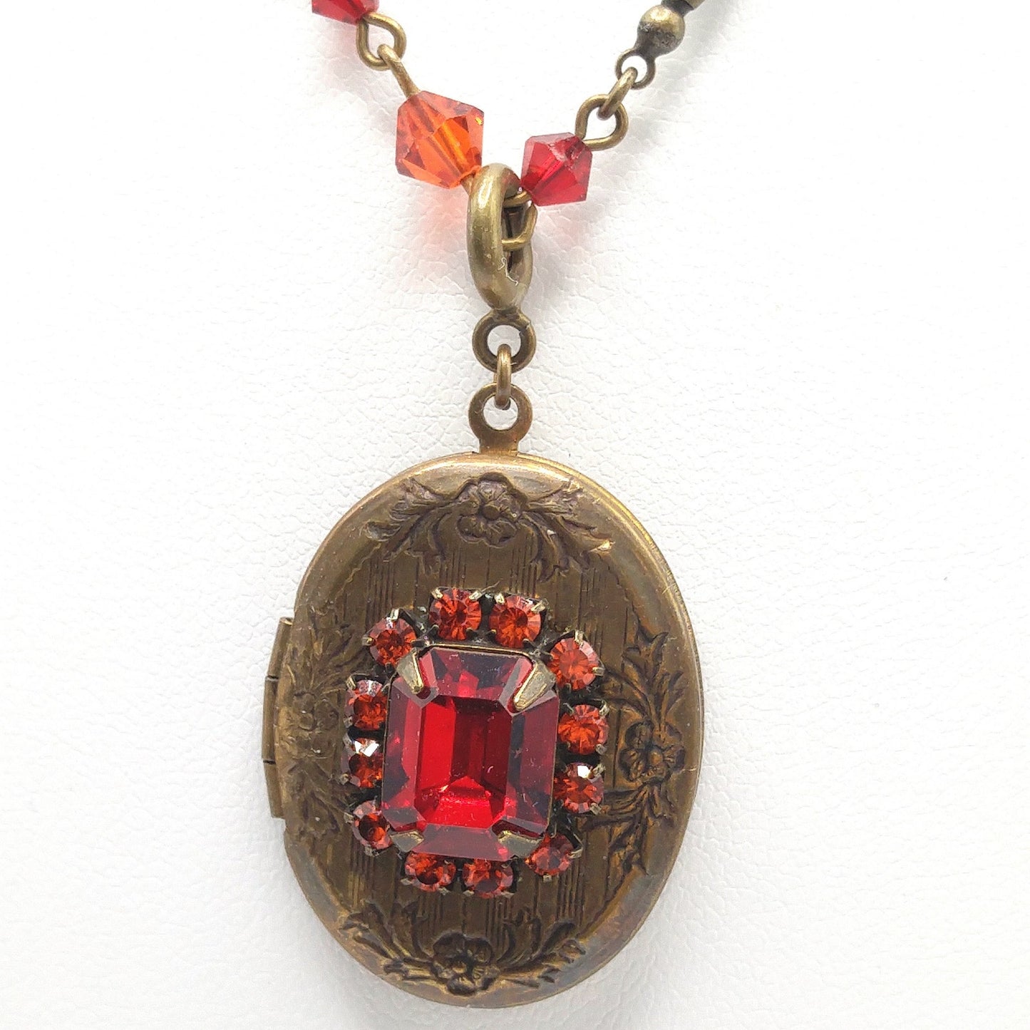 Vintage Liz Palacios SF Necklace – Red Pink Rhinestone Locket Pendant, 2 Strand
