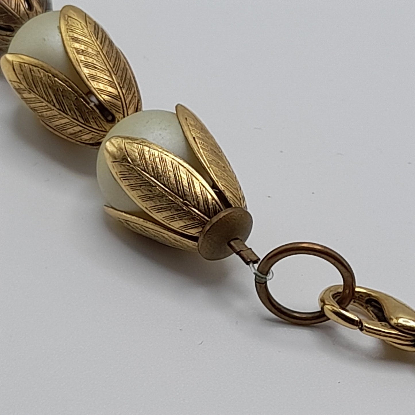 Lenora Dame Faux Pearl Necklace, Gold Tone Leaf Caps, Vintage Jewelry