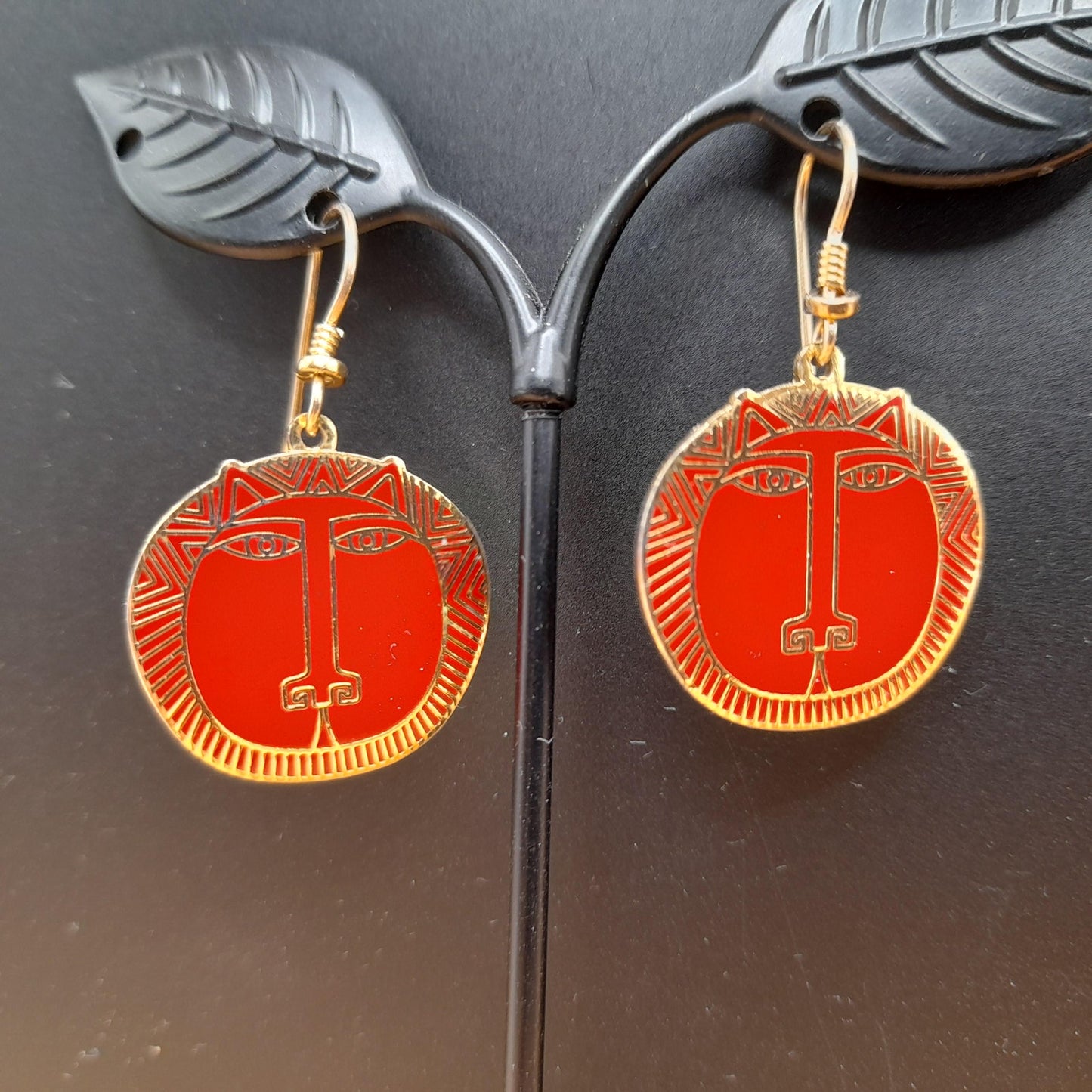 Laurel Burch "Moon Tiger" Red Drop Earrings, Gold Plated Cloisonné, Red Enamel, 1980s Vintage Jewelry