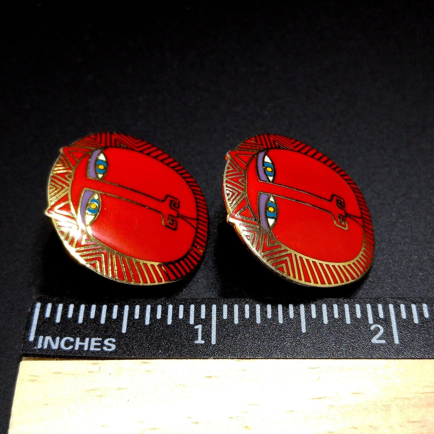 Vintage Laurel Burch "Moon Tiger" Red Post Earrings, Gold Plated