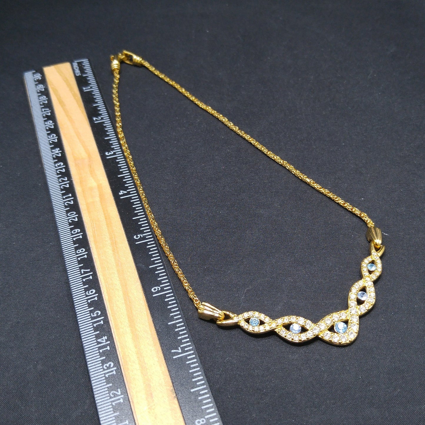 Vintage Swarovski Choker Necklace – Light Blue & Clear Crystals, Gold Plated, 1990s