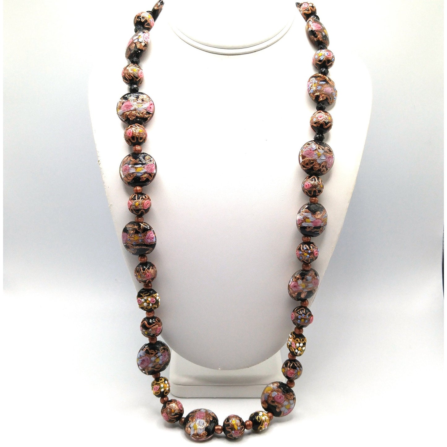 Vintage Italian Wedding Cake Glass Necklace, Black Gold Copper Venetian Lampwork Beads, 1940s Vintage Jewelry