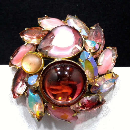 Mid-Century Pink Art Glass Domed Brooch, Czech Glass, Gold Plated, 1950s Vintage Jewelry