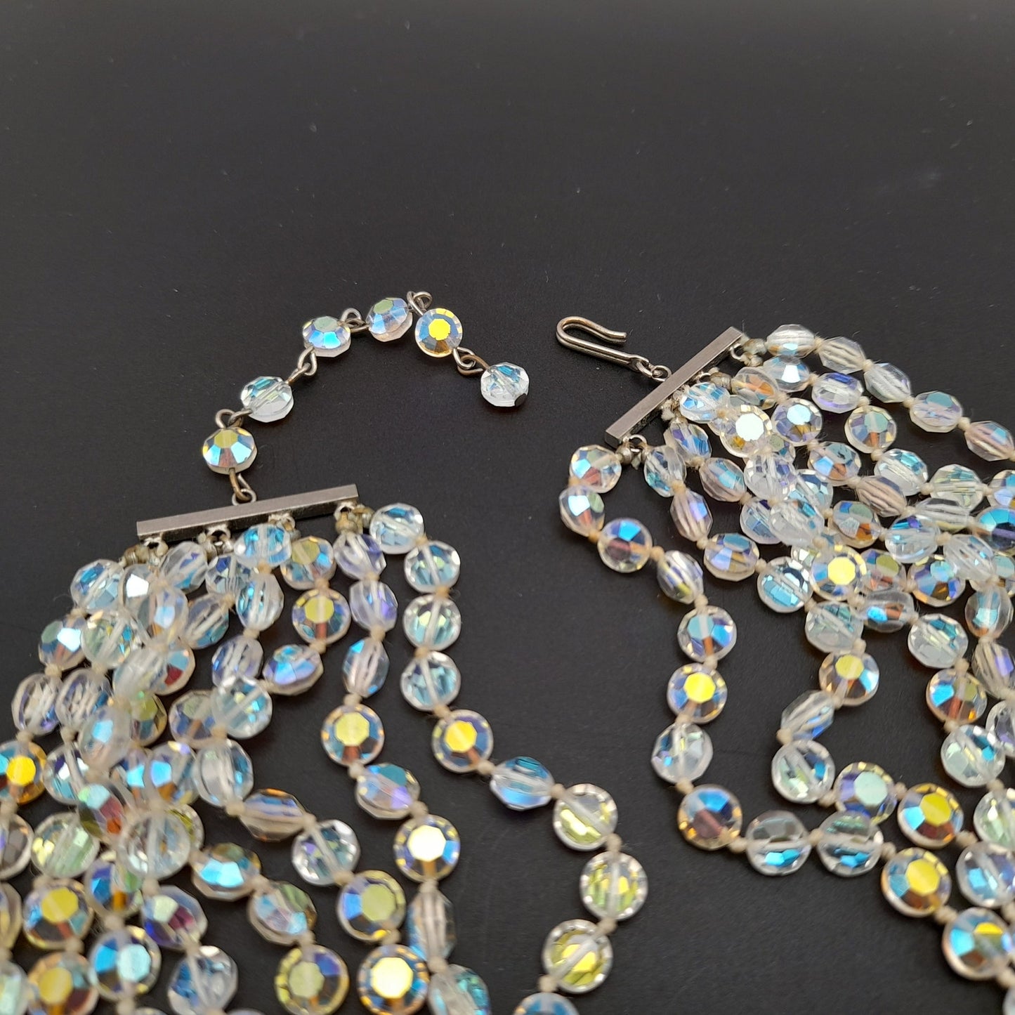 Vintage Flat Crystal Eight Strand Necklace, Hand-knotted, Aurora Borealis