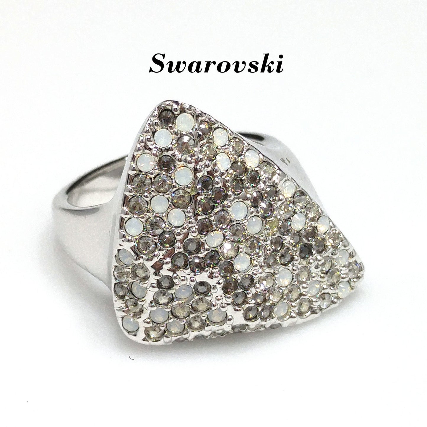 Swarovski Rhinestone Cocktail Ring, Triangular Shape, Clear Smoky & Faux Opal Crystals, Vintage Size 8.5, Swan Logo