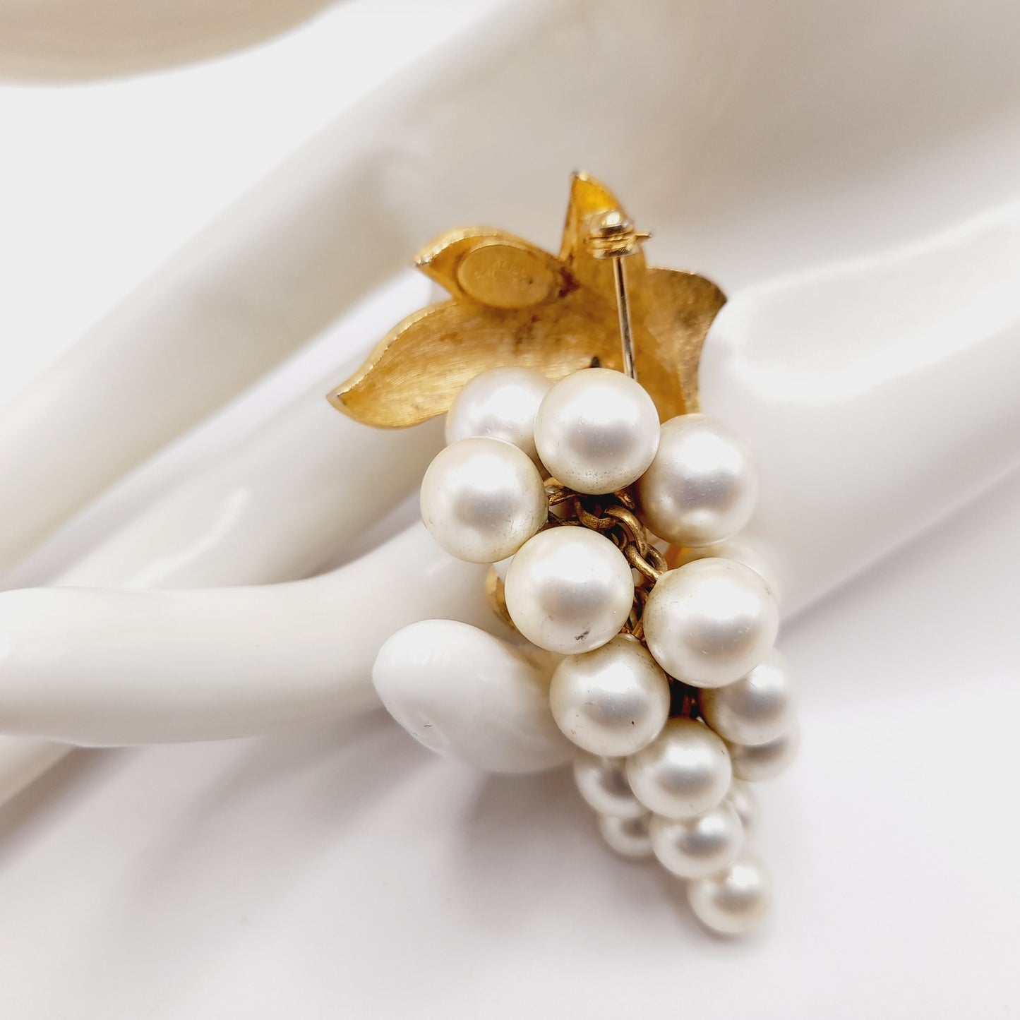 Vintage Alice Caviness Grape Cluster Brooch, White Enamel Leaf, Faux Pearl Berries, Gold Tone Pin, Mid Century Jewelry