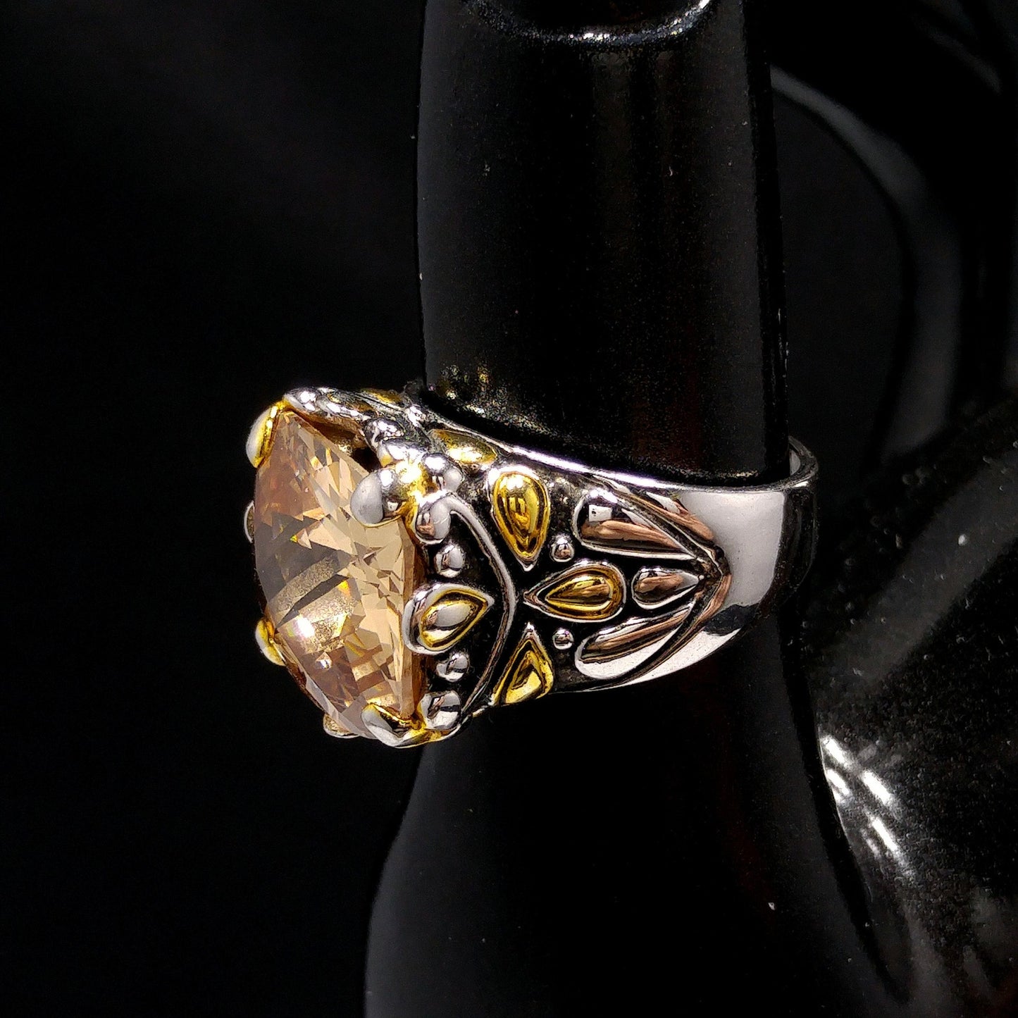 Champagne Gemstone Ring, 18KGE, Vintage Statement Jewelry, Size 8