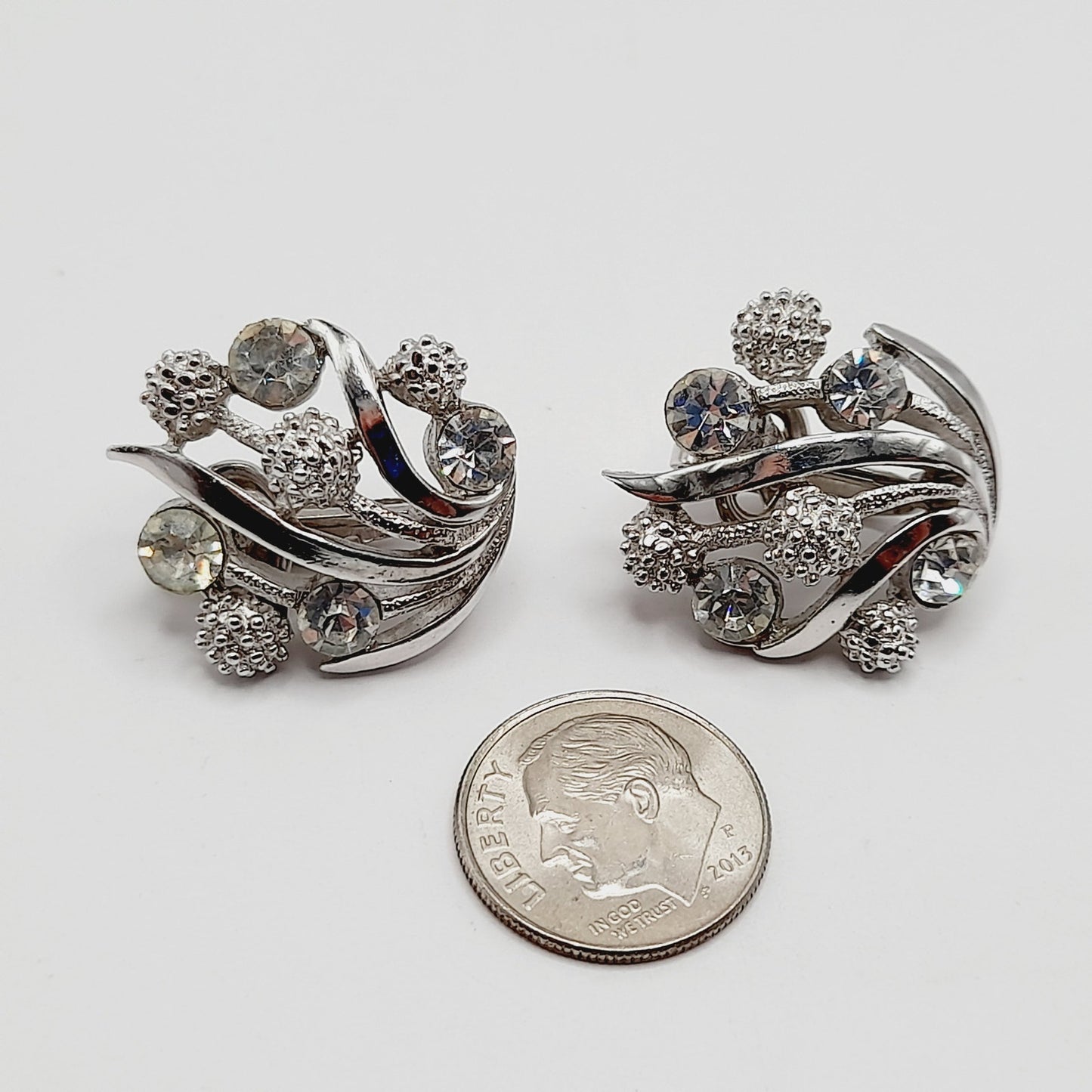 Vintage Crown Trifari Rhinestone Clip Earrings – Rhodium Plated Mid Century Jewelry