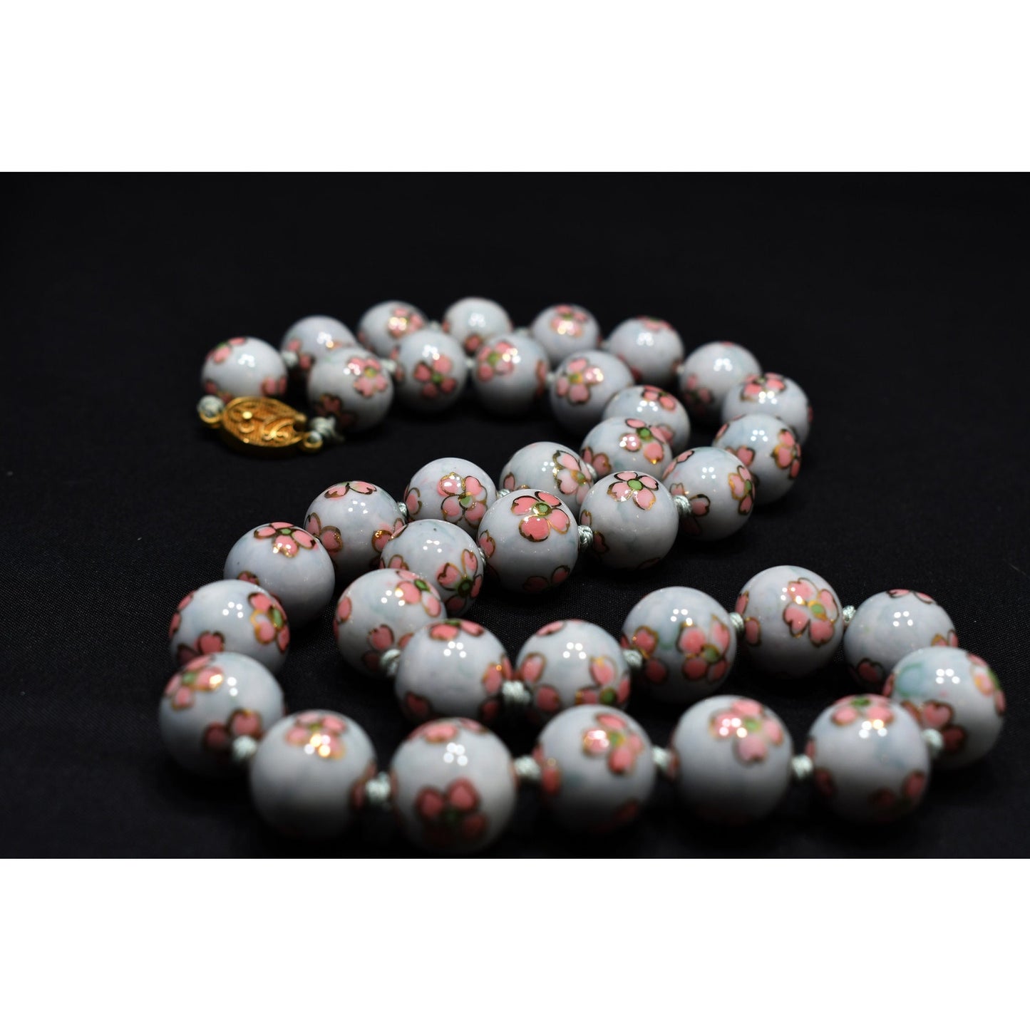 Vintage Chinese Hand Knotted Beaded Necklace, Hand Painted Pink Flowers