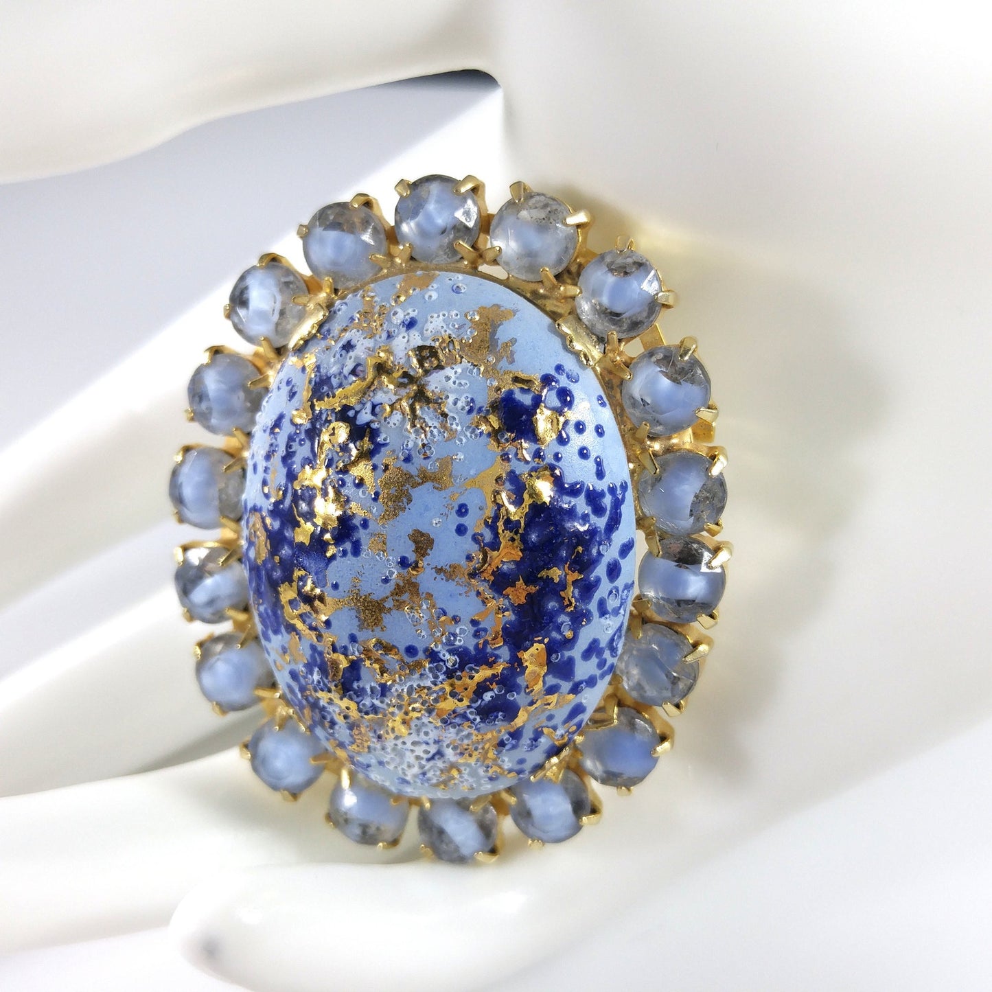 Hand Painted Blue Spatter Gold Ceramic Brooch, Gold Plated, 1960s Vintage Jewelry