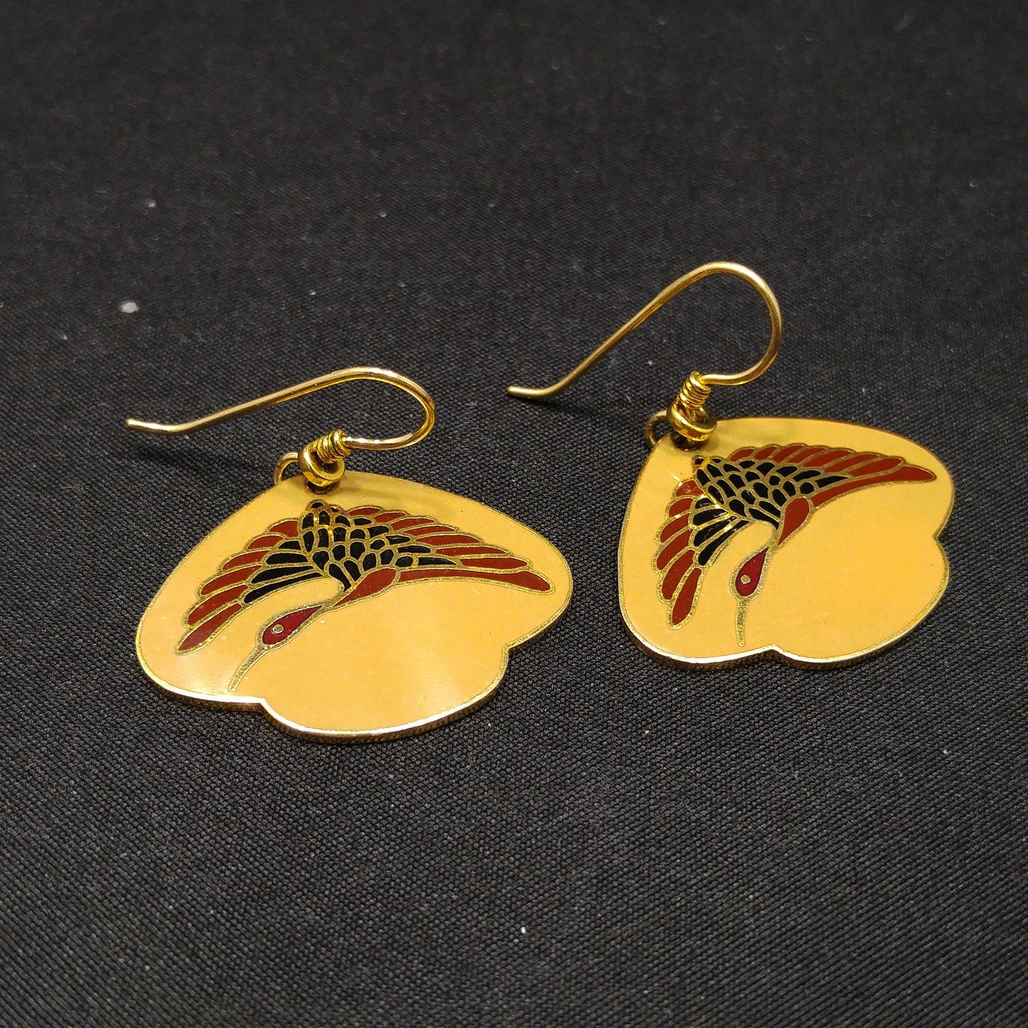 Vintage Laurel Burch Crane Bird Earrings, Gold Plated, Enamel Tan Dark Red Black