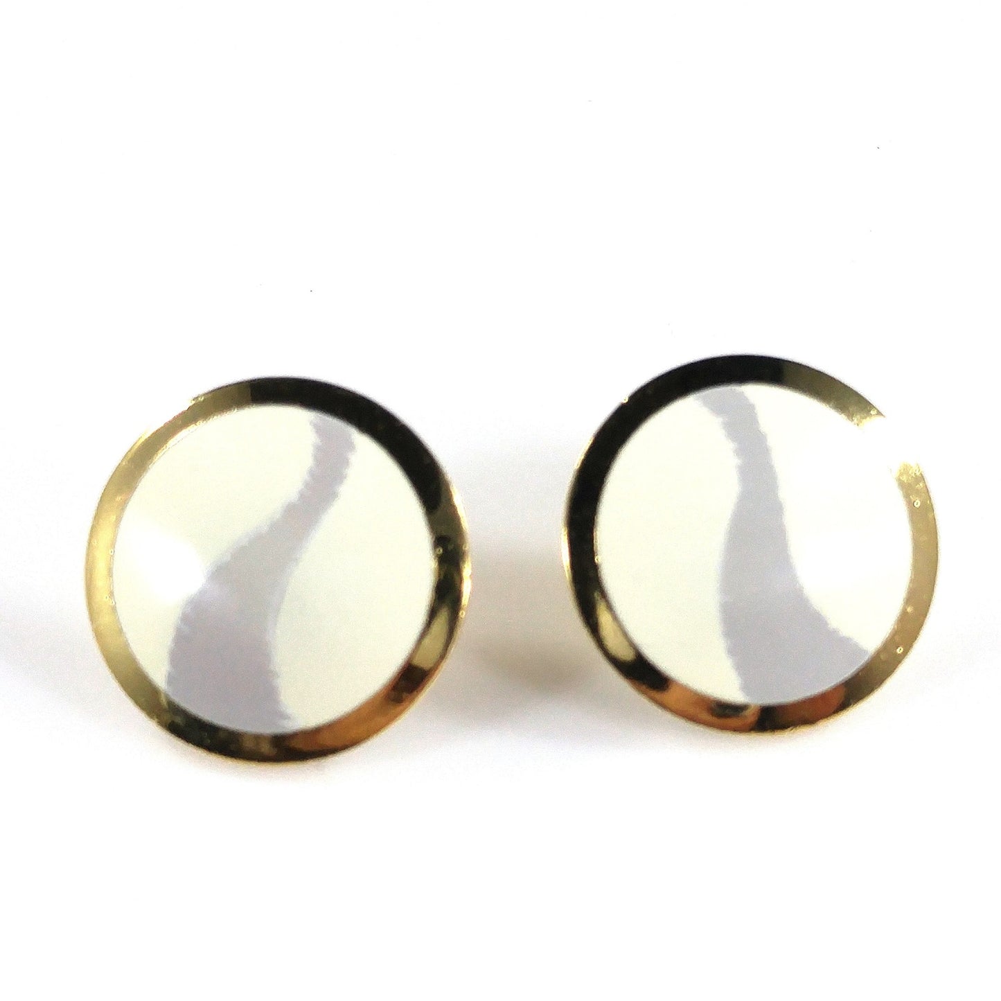 Laurel Burch "Kashi" Post Earrings, Cream & Gray Enamel, Gold Plated, 1980s