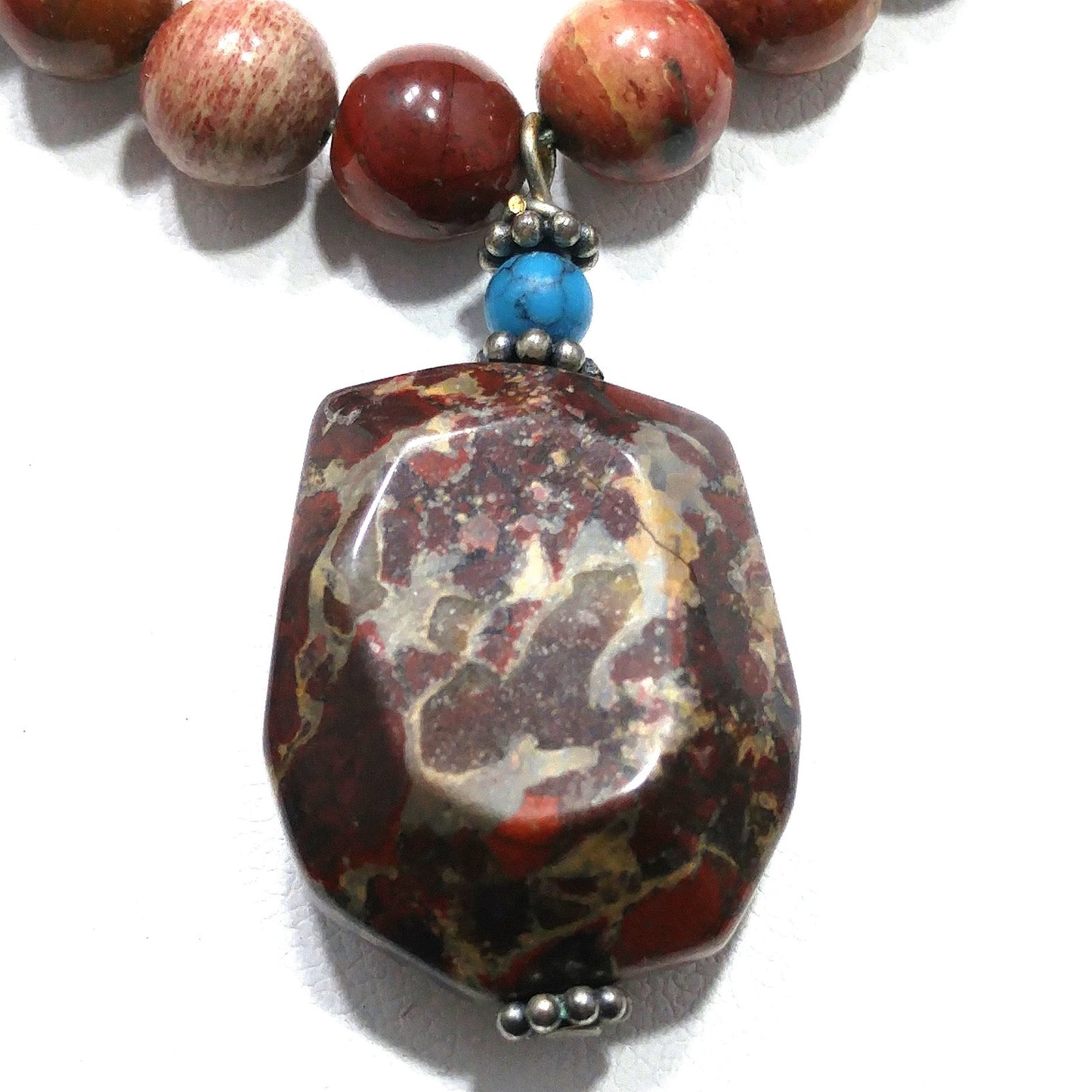 Gemstone Pendant Beaded Necklace, Red Jasper, 1980s Vintage Jewelry