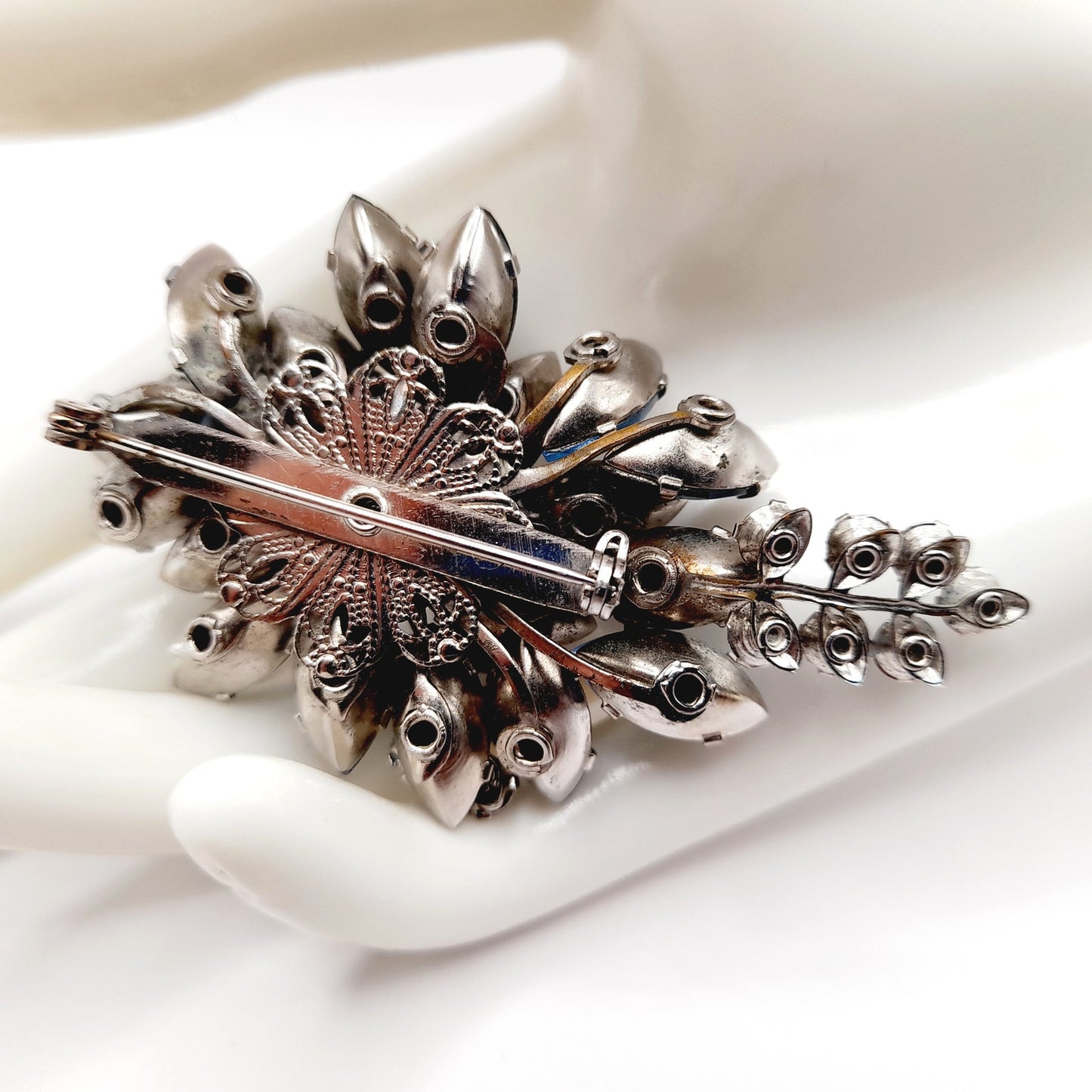 Vintage Blue Rhinestone Floral Spray Brooch, Sapphire Clear Stones, 1950s Jewelry