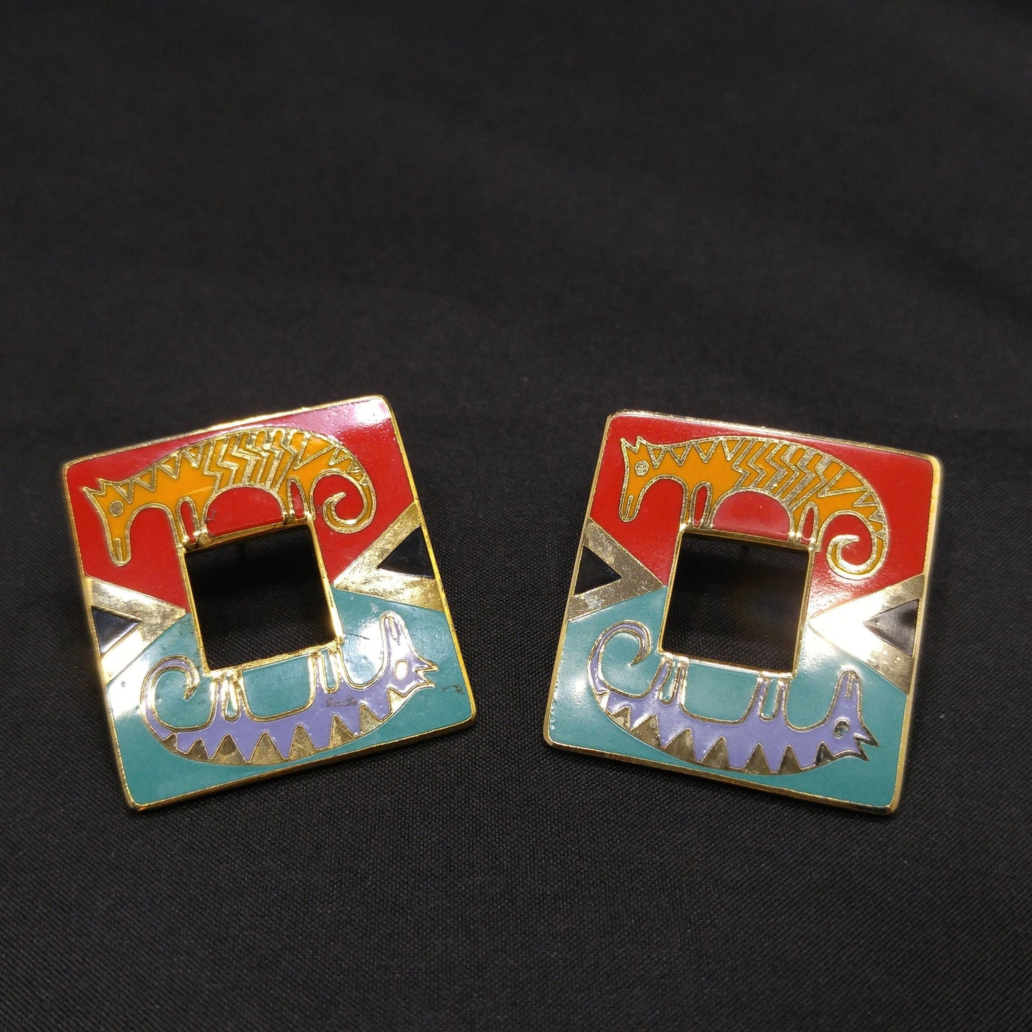 Laurel Burch "Primal Horse" Large Post Earrings, Gold Plated Cloisonné Enamel, 1980s Vintage Jewelry