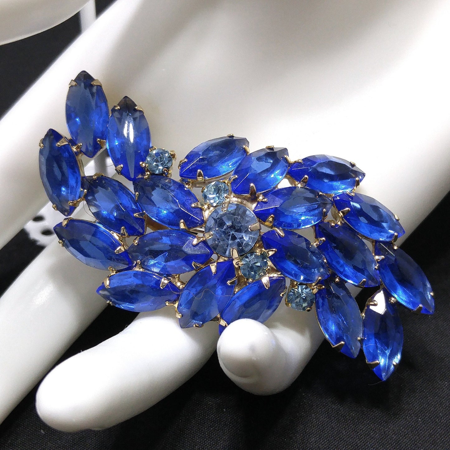 Vintage Royal Light Blue Rhinestone Brooch Earring Set, Gold Plated, 1960s Vintage Jewelry