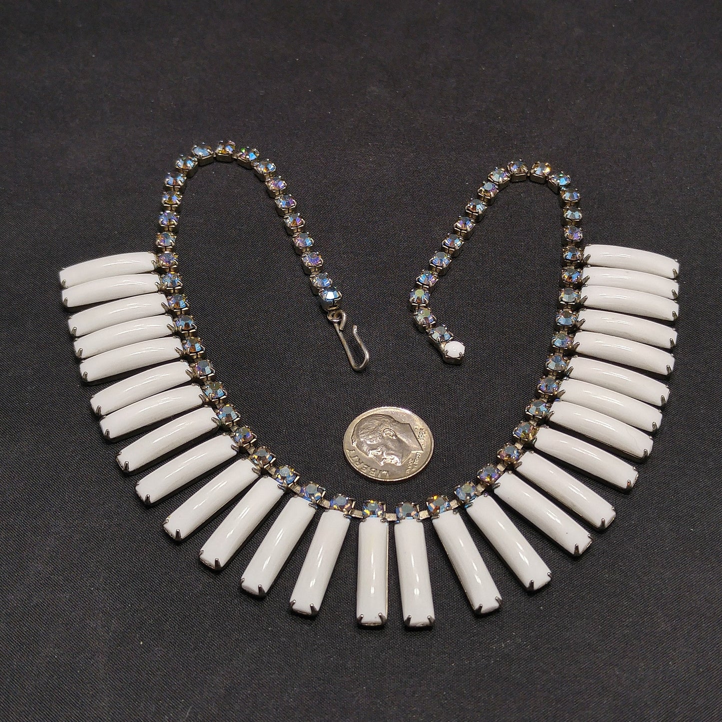 White Lucite Blue Aurora Borealis Rhinestones Necklace, Egyptian Revival Mid-Century, 1960s Vintage Jewelry