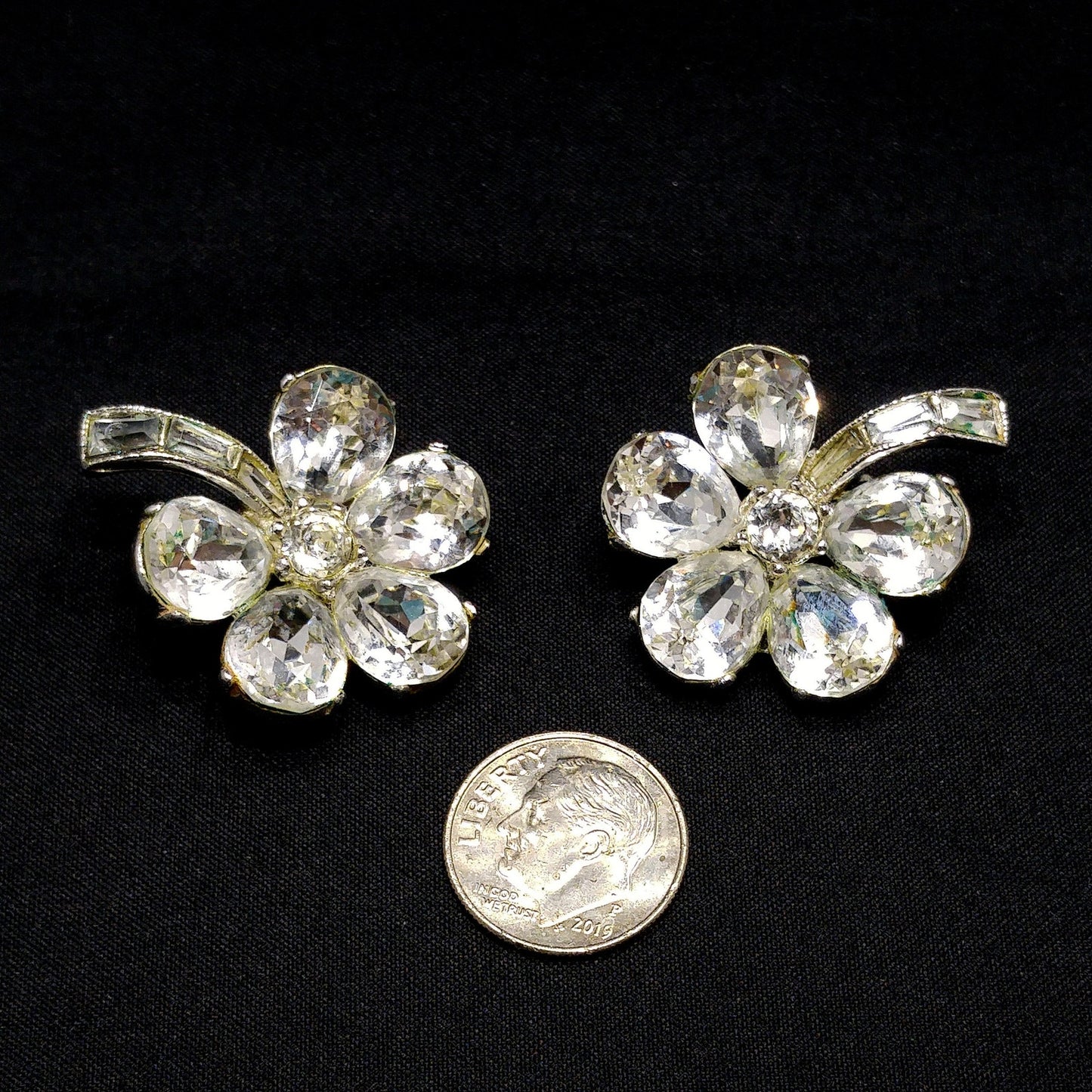Bogoff Clear Rhinestone Floral Earrings, Rhodium Plated, Wedding Earrings, 1950s Vintage Jewelry