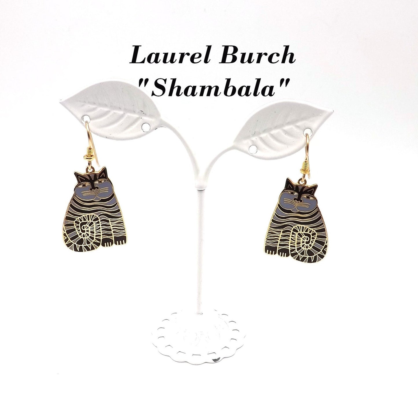Laurel Burch Shambala Cat Earrings, Black Lavender Enamel, Gold Plated, 1980s Vintage Jewelry