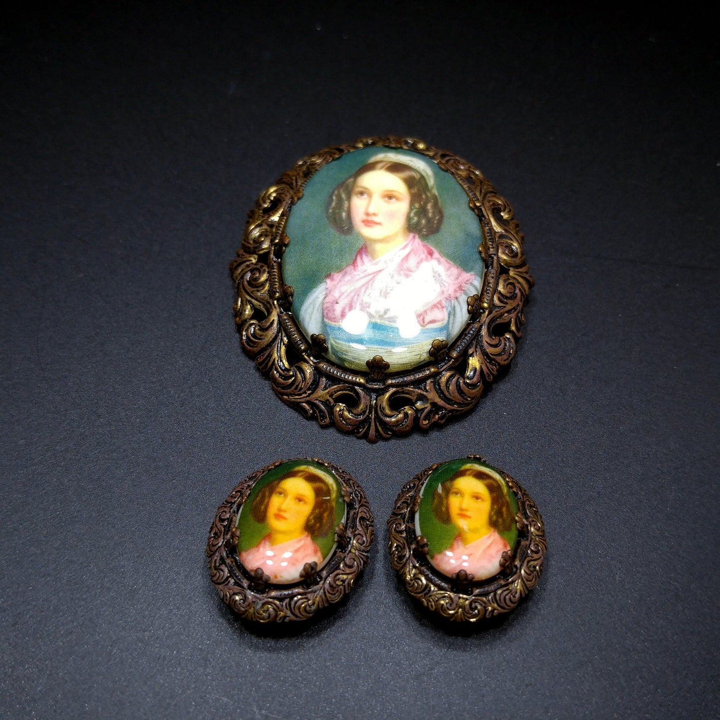 Western Germany Vintage Brooch Earrings Set Portrait Transfer on Glass Gold Tone