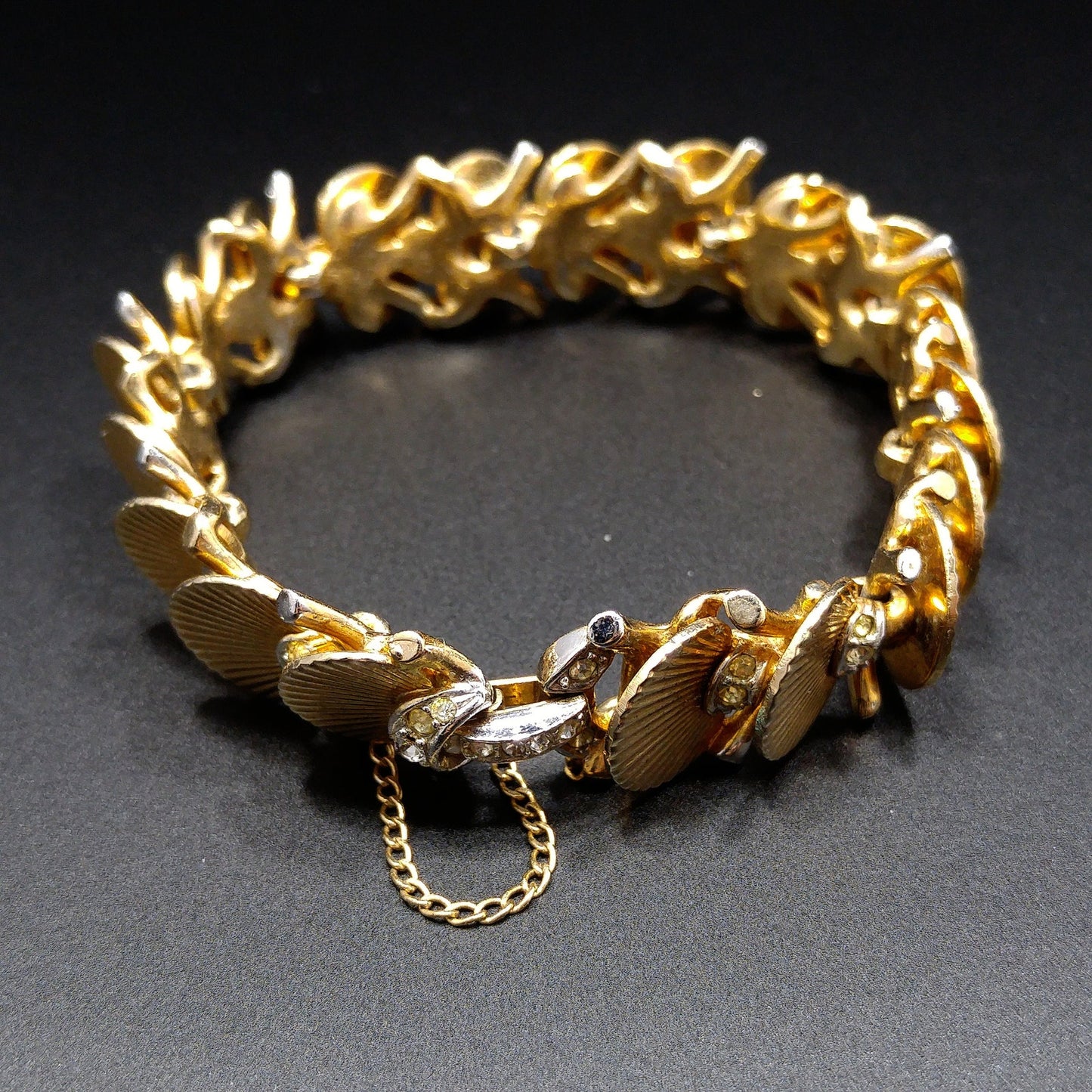 Boucher Deco Fan Bracelet, Clear Rhinestones, Overlapping Links, 1960s Vintage Jewelry