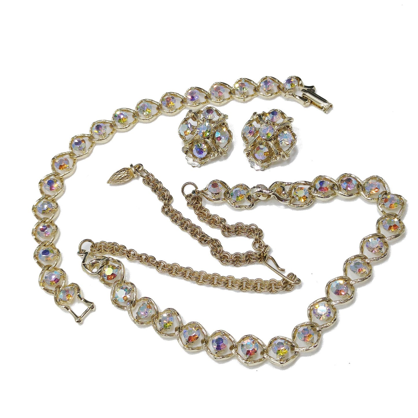 Aurora Borealis Rhinestone Necklace Bracelet & Earrings, Gold Plated, 1960s Vintage Jewelry