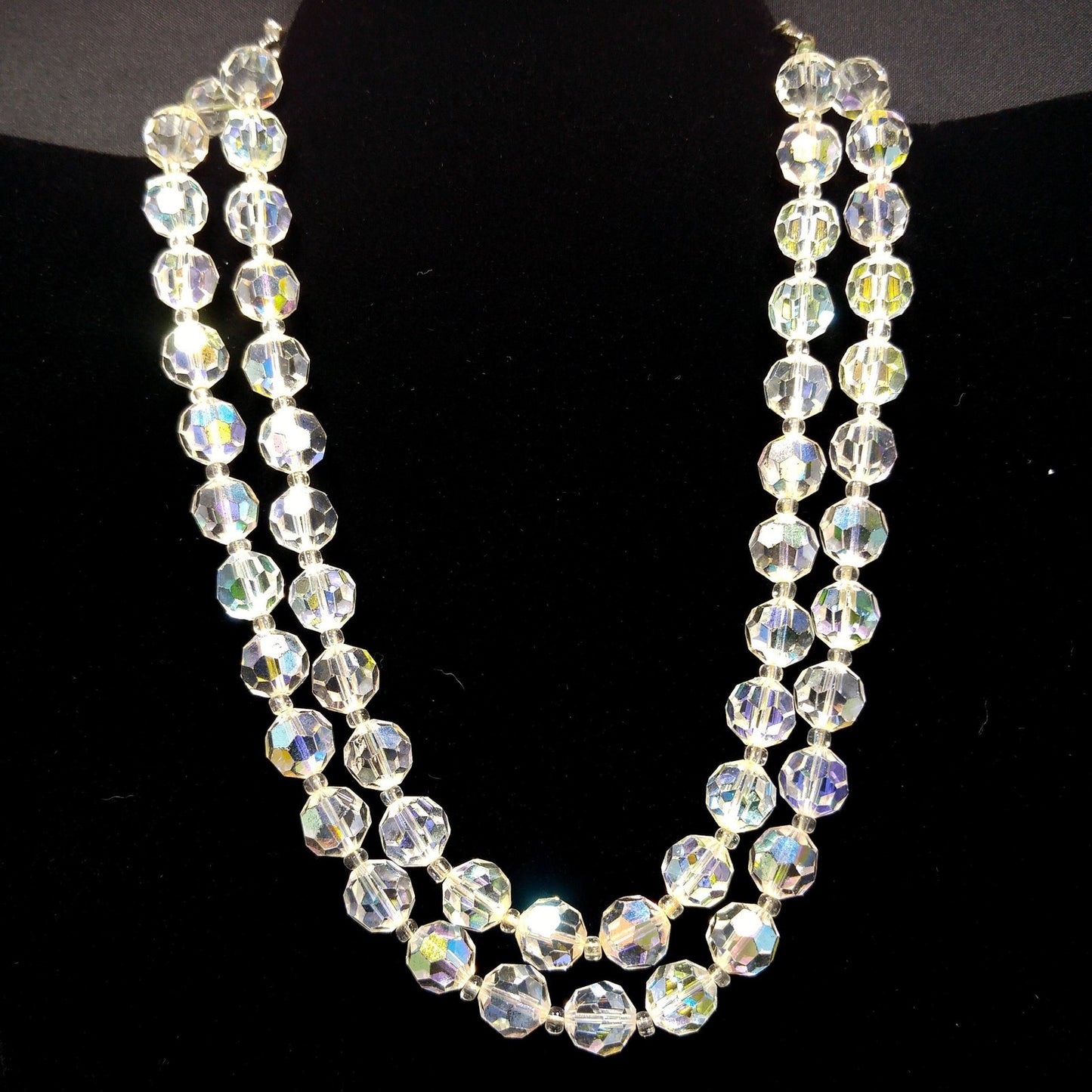Lisner Clear AB Crystal Beaded Necklace, Two Strands, 1950s Vintage Jewelry