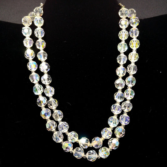 Lisner Clear AB Crystal Beaded Necklace, Two Strands, 1950s Vintage Jewelry