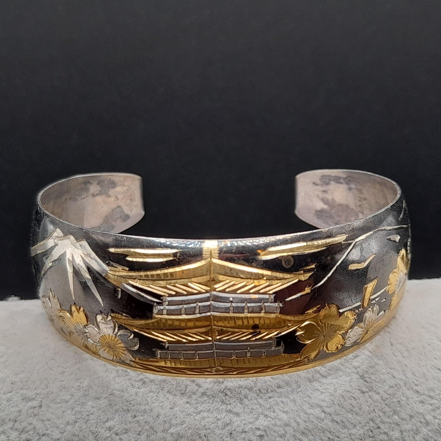 Vintage Japanese Sterling Cuff Bracelet, Mt. Fuji Pagoda Japanese Scene Panorama, 1960s Jewelry