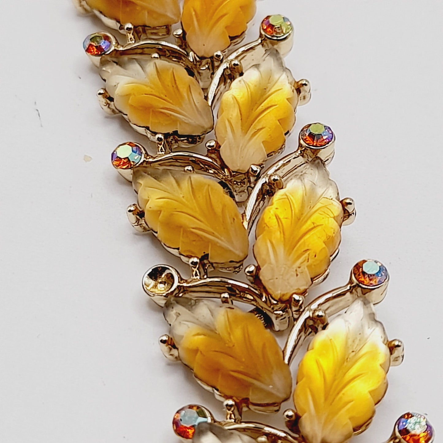 Vintage Kramer Golden Leaf Lucite AB Rhinestone Wide Bracelet