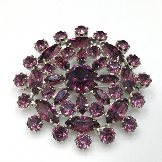 Purple Snowflake Flower Rhinestone Brooch, Rhodium Plated, 1960s Vintage Jewelry