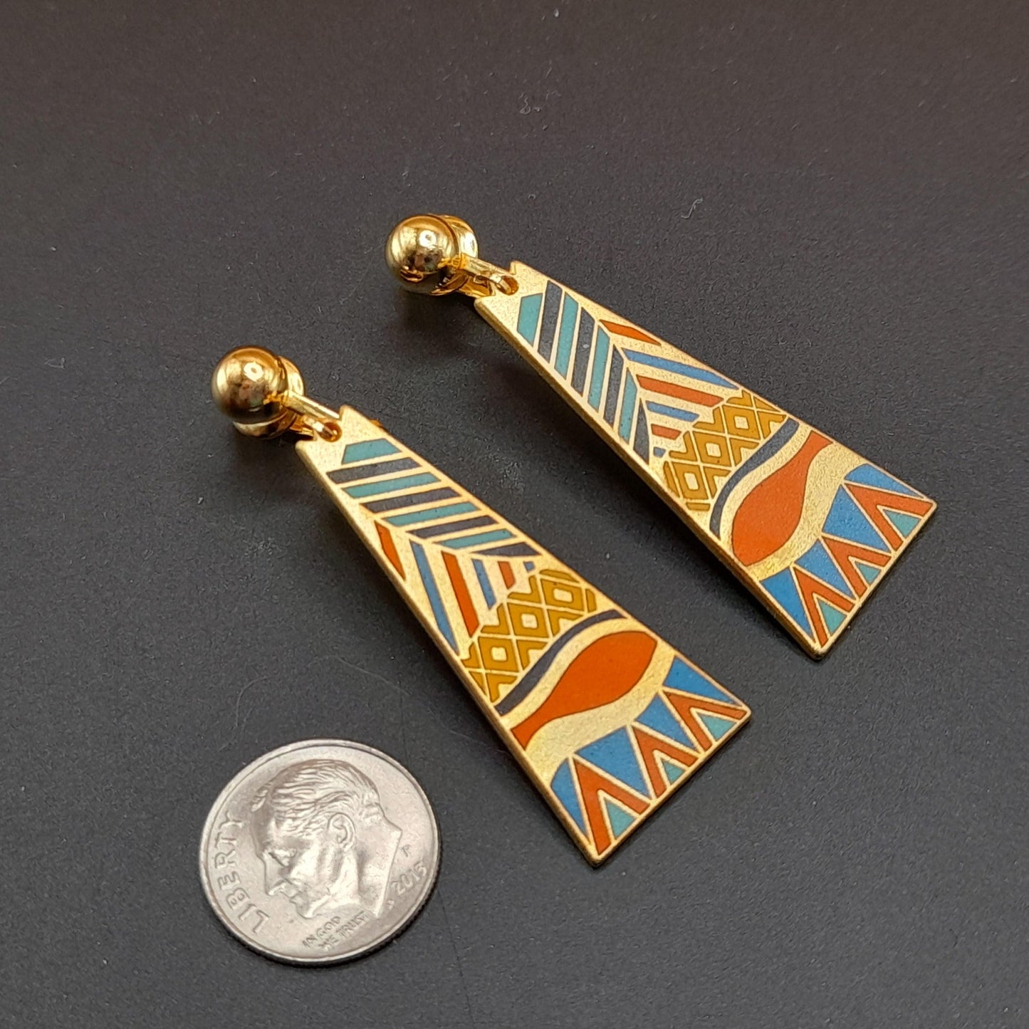 Laurel Burch "Java" Geometric Clip Earrings, Gold Plated Cloisonne Enamel, 1980s Vintage Jewelry
