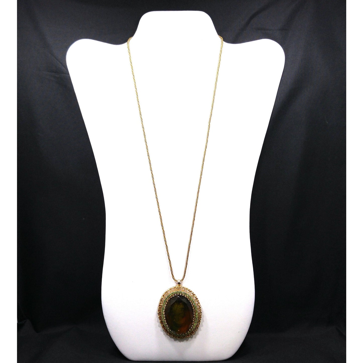 Warner Cameo Intaglio Pendant Necklace, Peridot Rhinestones, 5 Uranium Glass, 1960s Vintage Jewelry