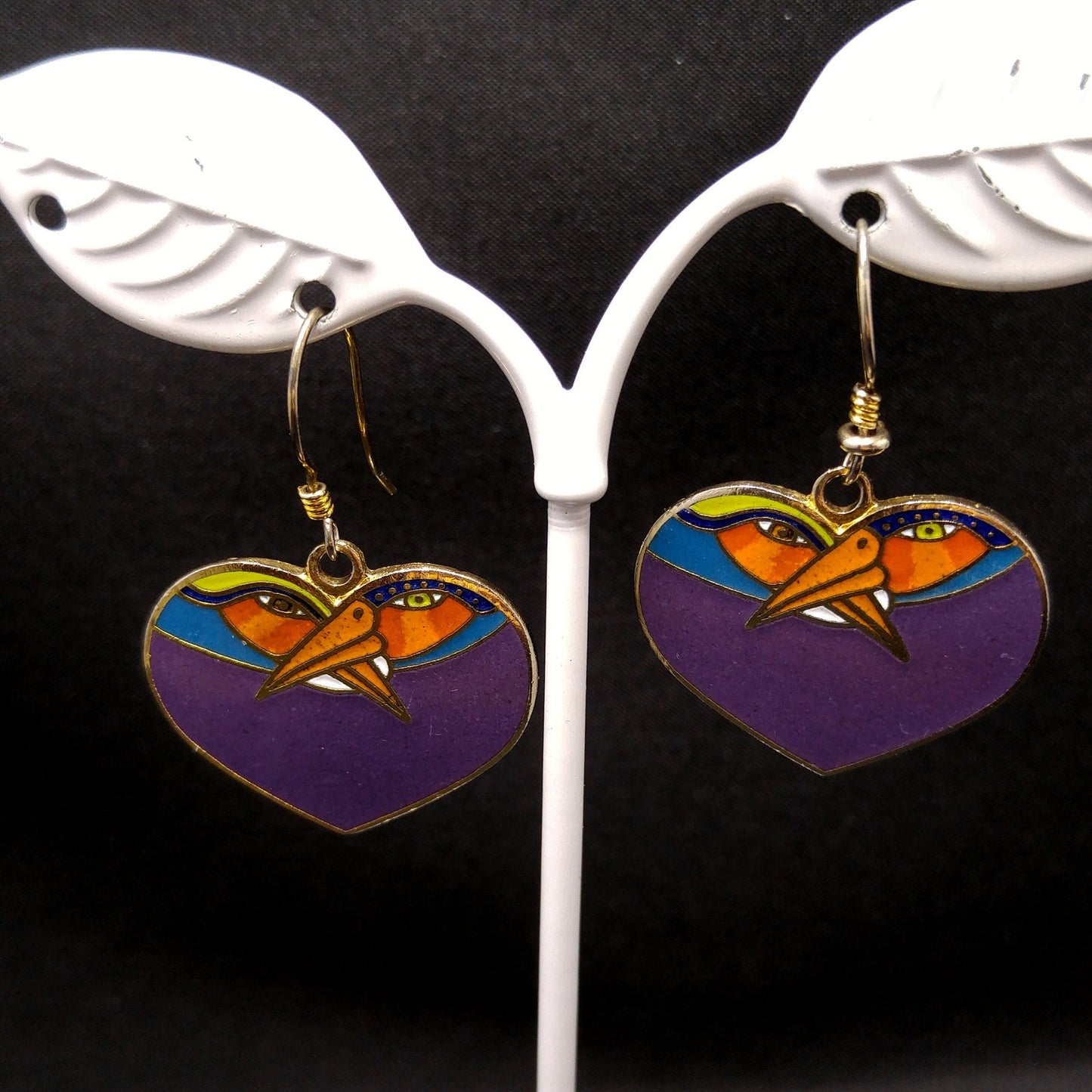 Vintage Laurel Burch Purple Bird Heart Earrings, Gold Plated