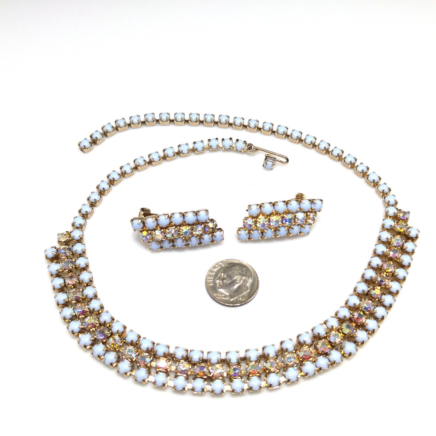 Aurora Borealis Rhinestone Necklace Earrings Set, Light Blue Cabochons, Mid Century, 1960s Vintage Jewelry
