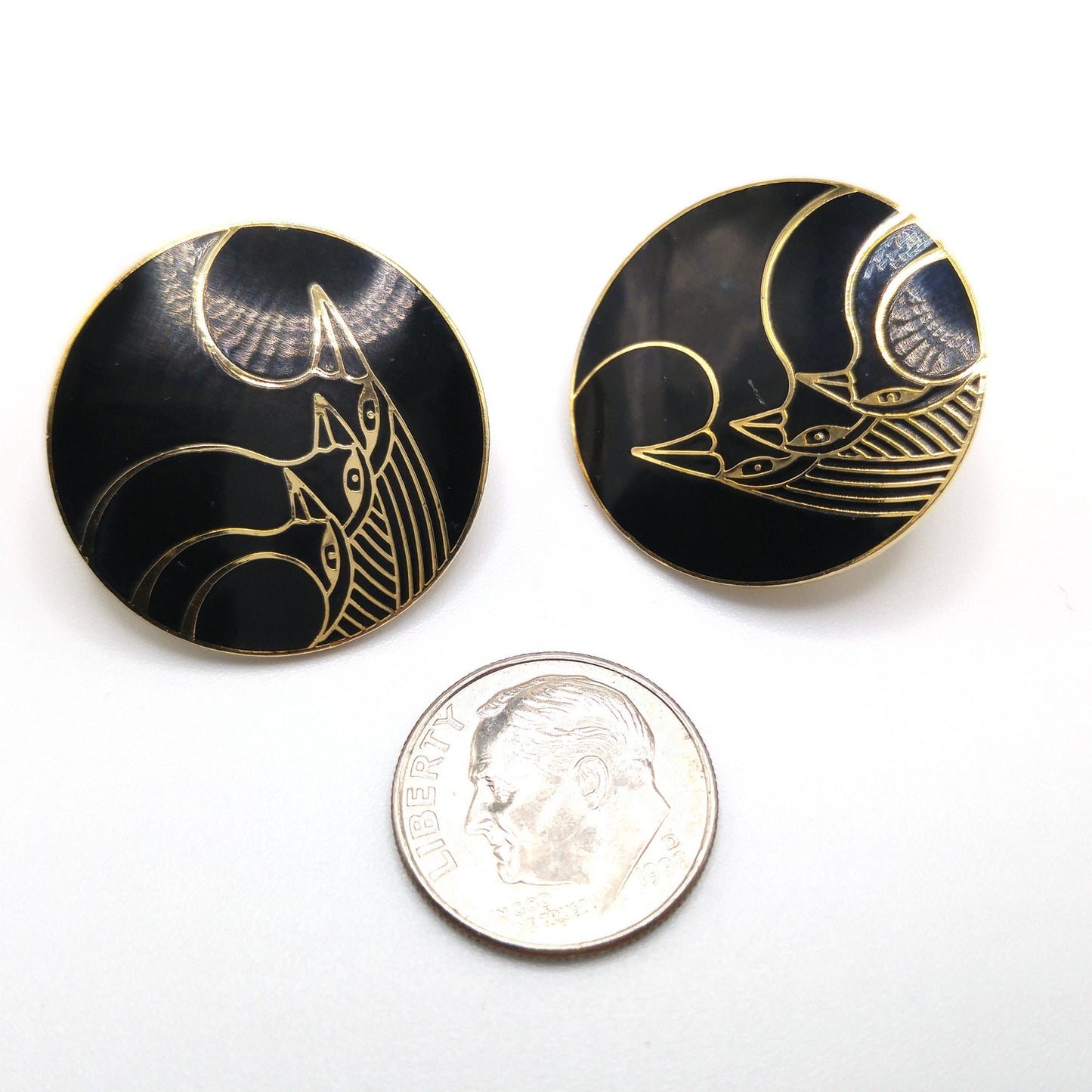 Vintage Laurel Burch "Celestial Birds" Clip Earrings, Black Enamel, Gold Plated