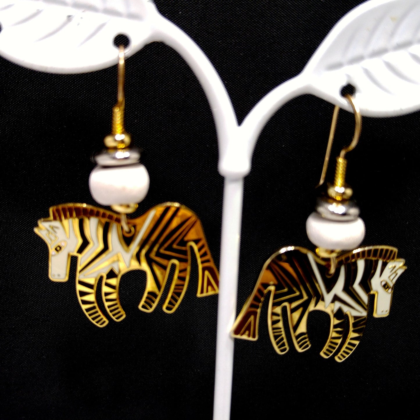 Laurel Burch "Wild Zebra" Earrings, Black White Enamel, Gold Plated, 1980s Vintage Jewelry
