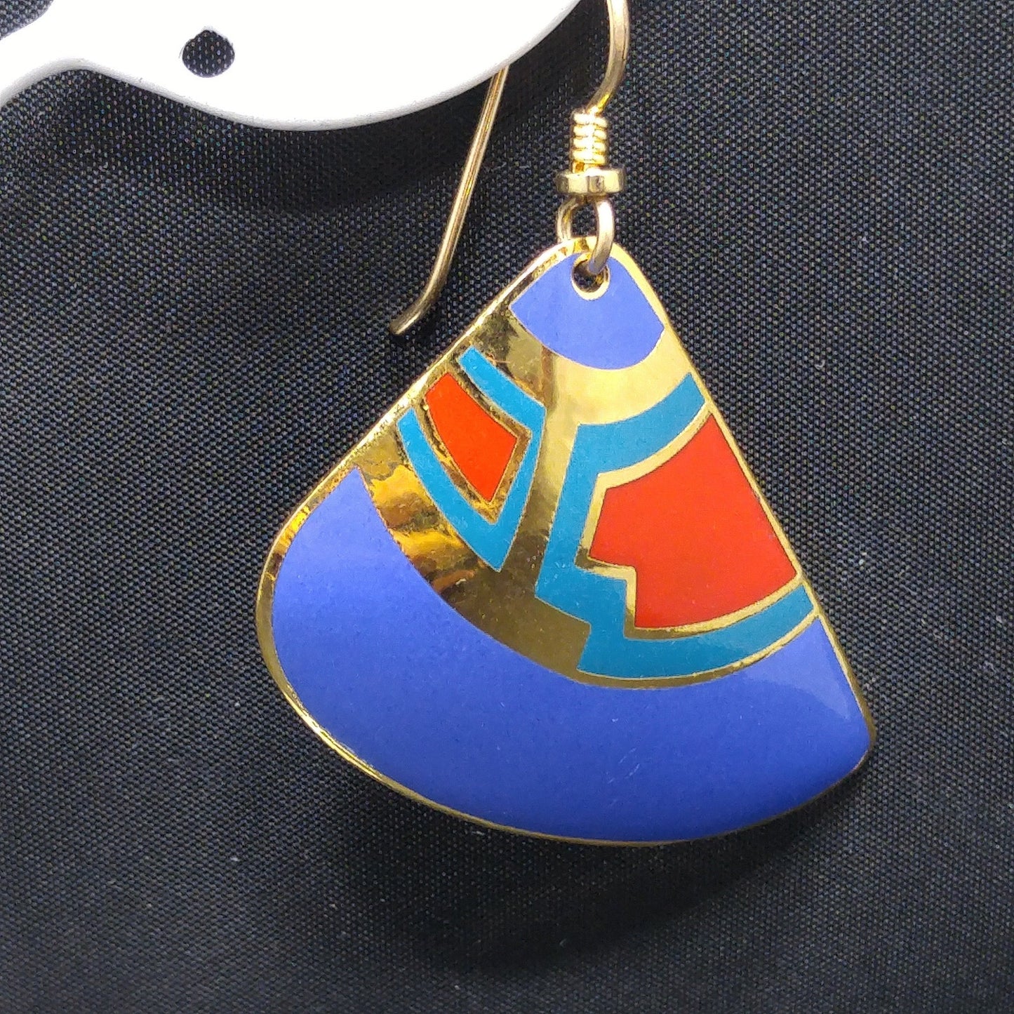 Vintage Laurel Burch Fan Earrings, Blue Red Teal Enamel, Gold Plated
