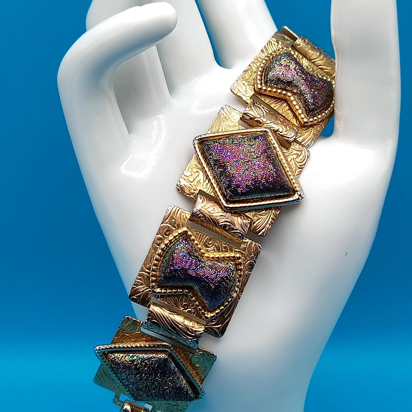 Vintage Dichroic Glass Book Chain Bracelet, Gold Tone, Iridescent Stones, 1950s, 7"