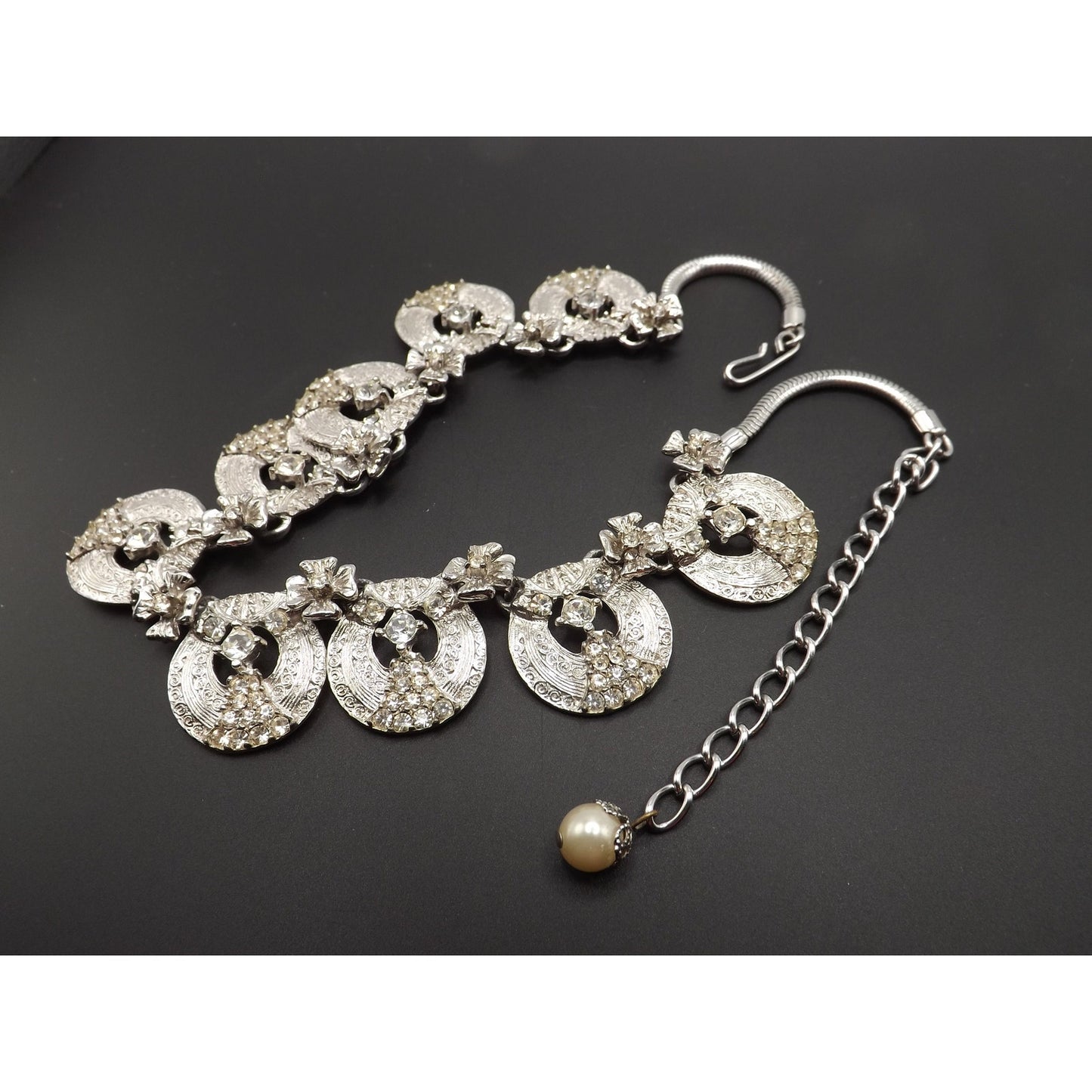 Hobe' Rhodium Plated Clear Rhinestone Choker Necklace, 17 Inches, 1960s Vintage Jewelry