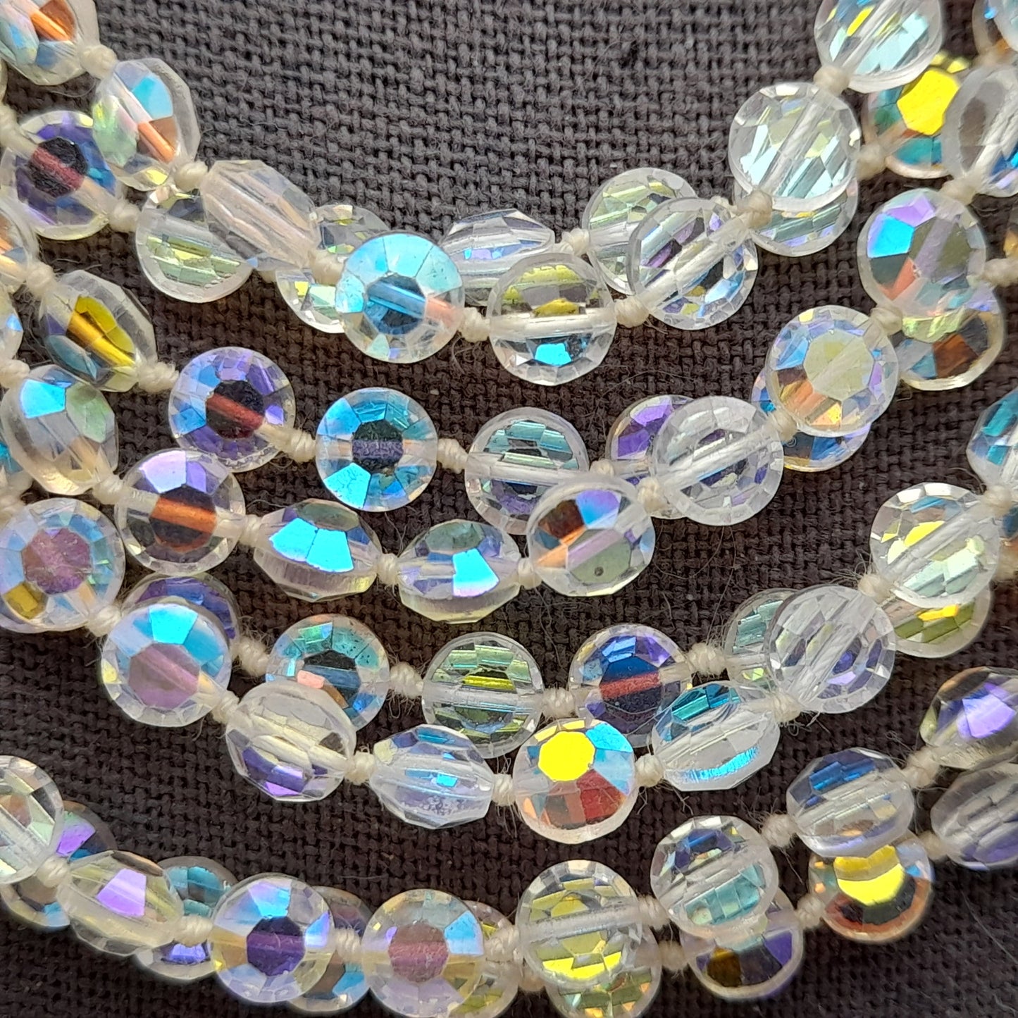 Vintage Flat Crystal Eight Strand Necklace, Hand-knotted, Aurora Borealis