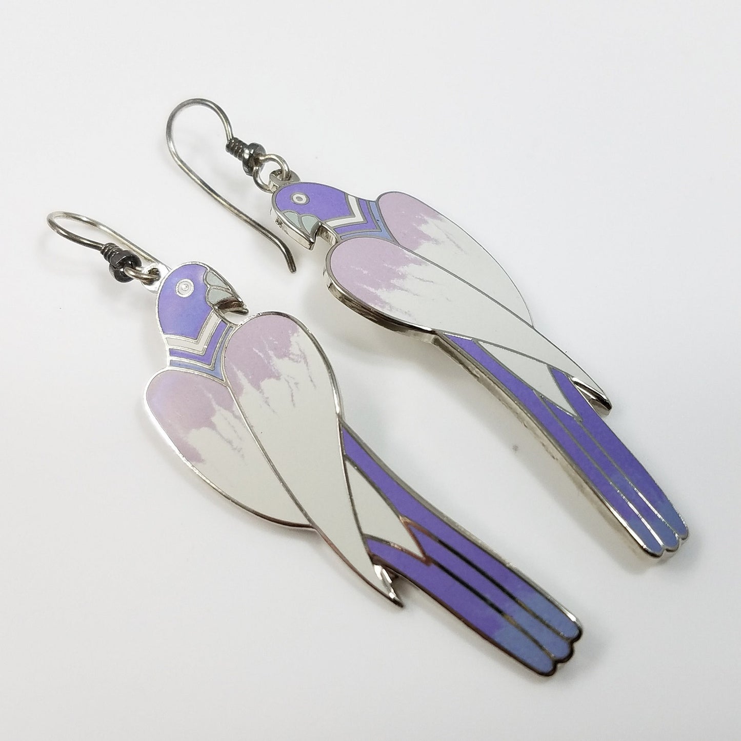 Laurel Burch "Cezanne" Parrot Earrings, Purple Lavender Cream Gray Enamel, Rhodium Plated Cloisonne Parrots, 1980s